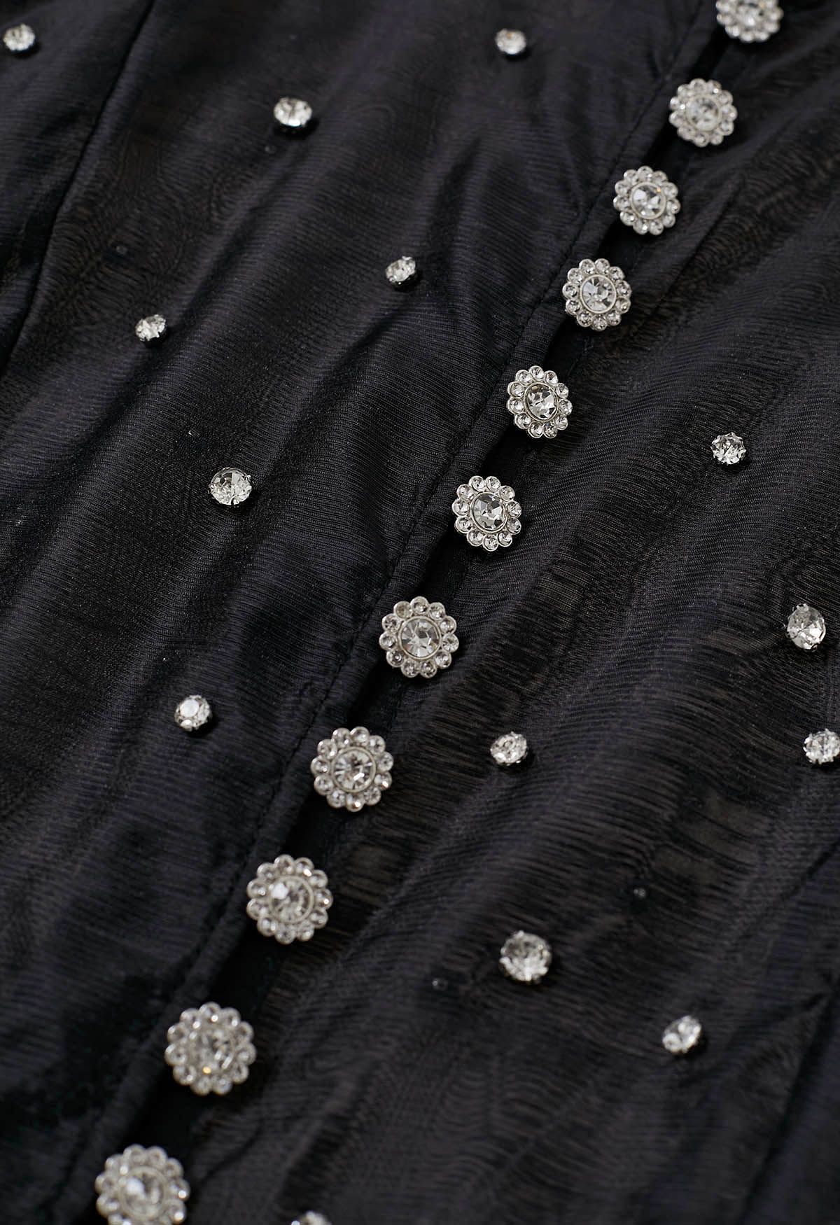 Rhinestone Decor Button Tie-Sash Organza Dress in Black