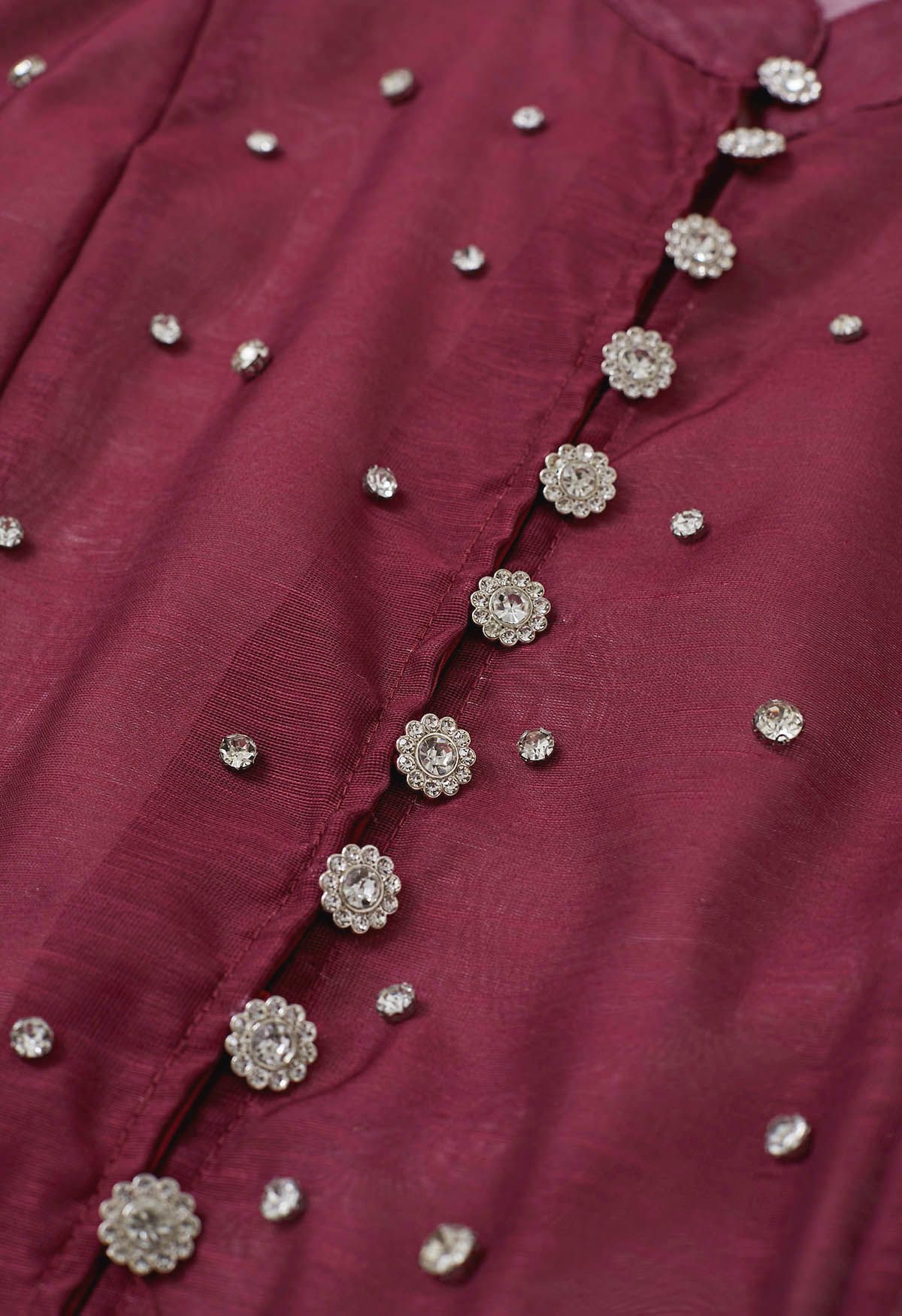 Rhinestone Decor Button Tie-Sash Organza Dress in Burgundy