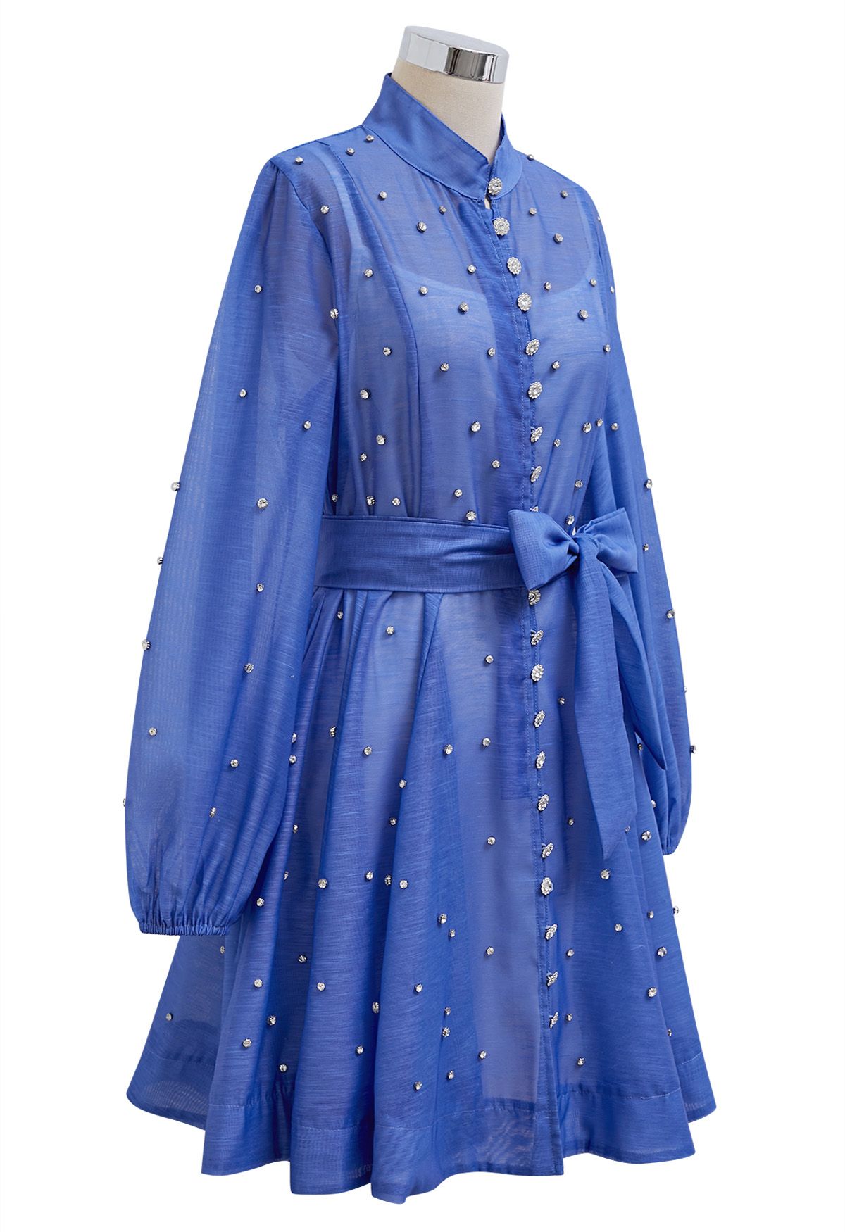 Rhinestone Decor Button Tie-Sash Organza Dress in Blue