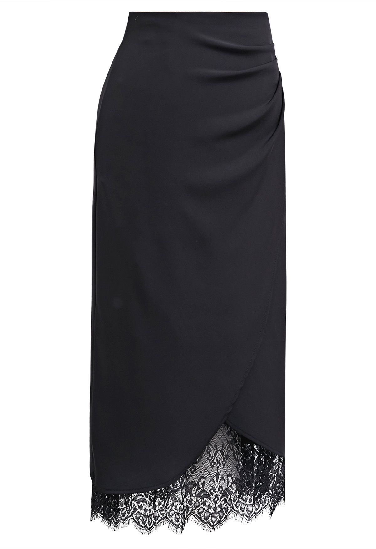 Lace Inserted Tulip Midi Skirt in Black