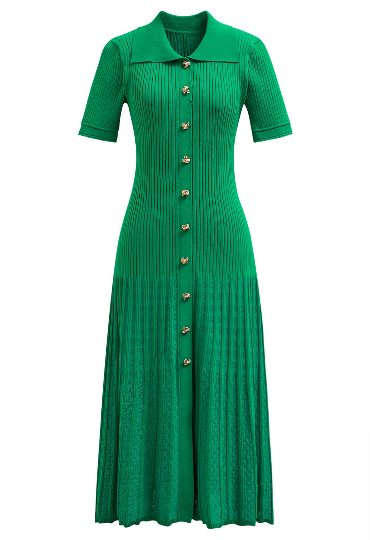 Collared Buttoned Short Sleeve Knit Midi Dress in Green