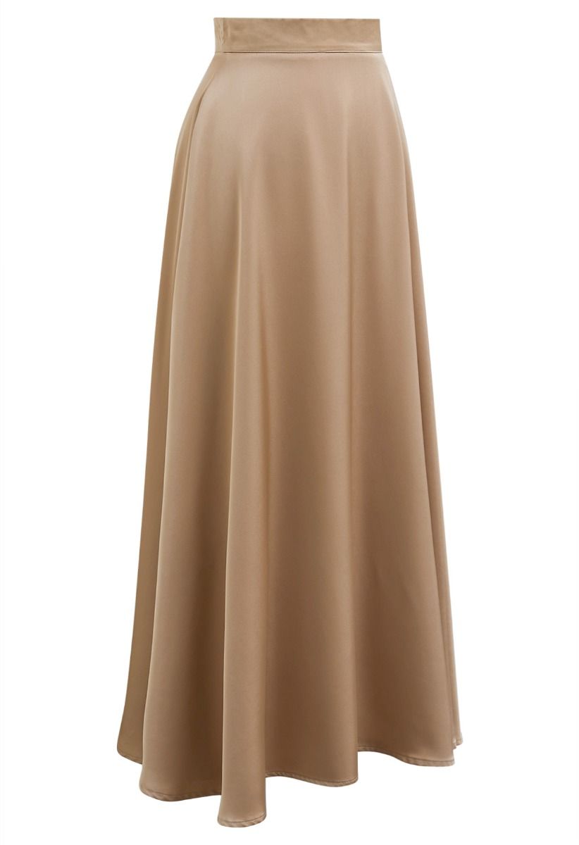 Timeless Elegance Satin A-Line Maxi Skirt in Tan