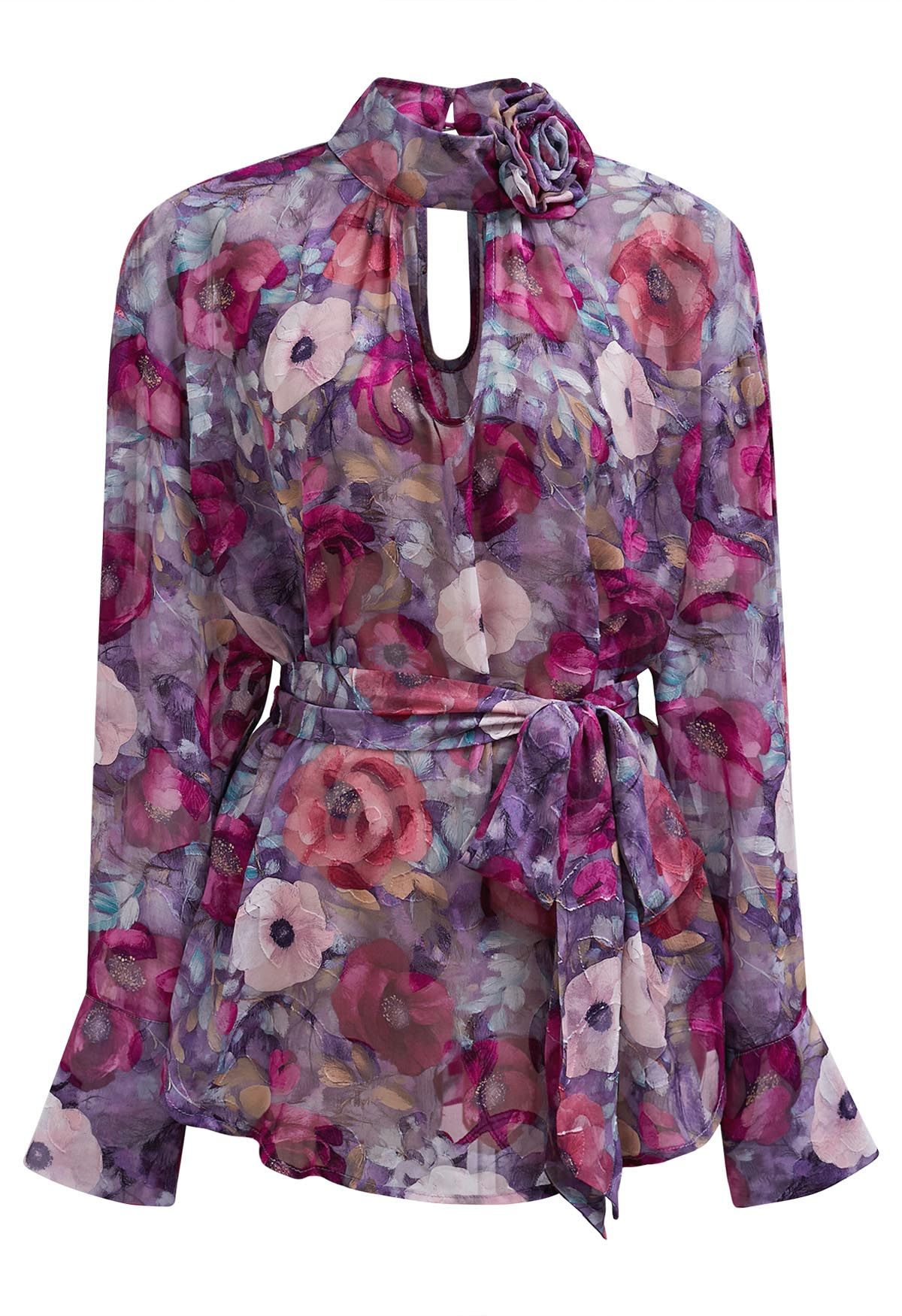 Floral Jacquard Puff Sleeves Asymmetric Chiffon Top