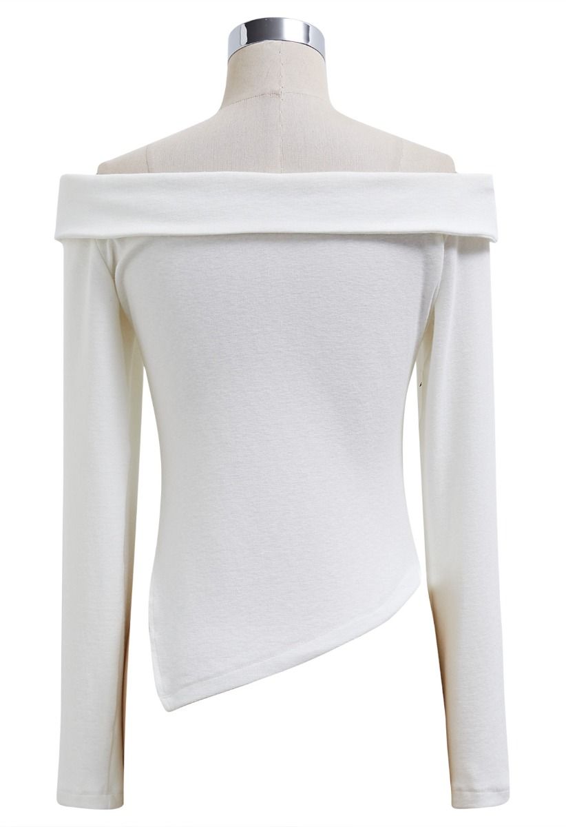 Flap Off-Shoulder Asymmetric Ruched Top in White