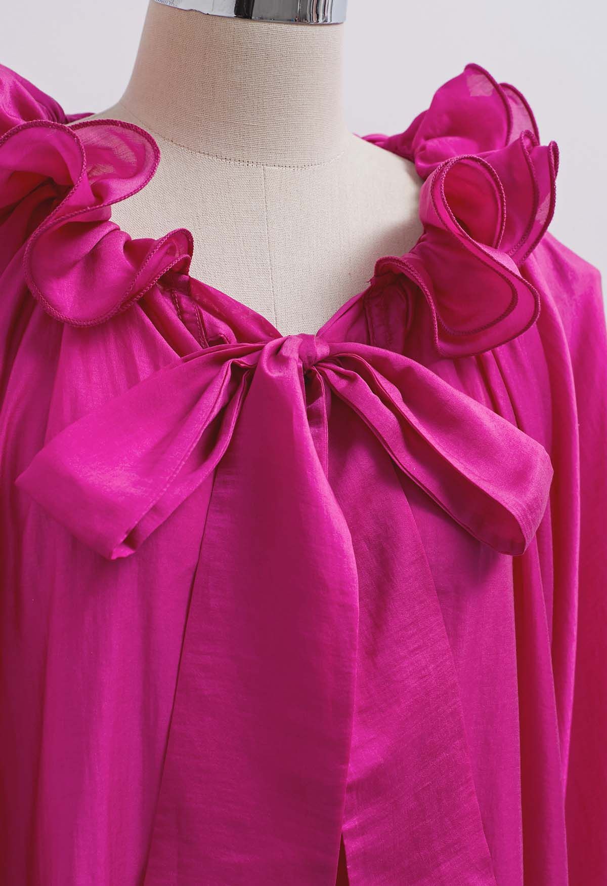 Tiered Ruffle Neckline Bowknot Lantern Sleeves Dolly Top in Magenta