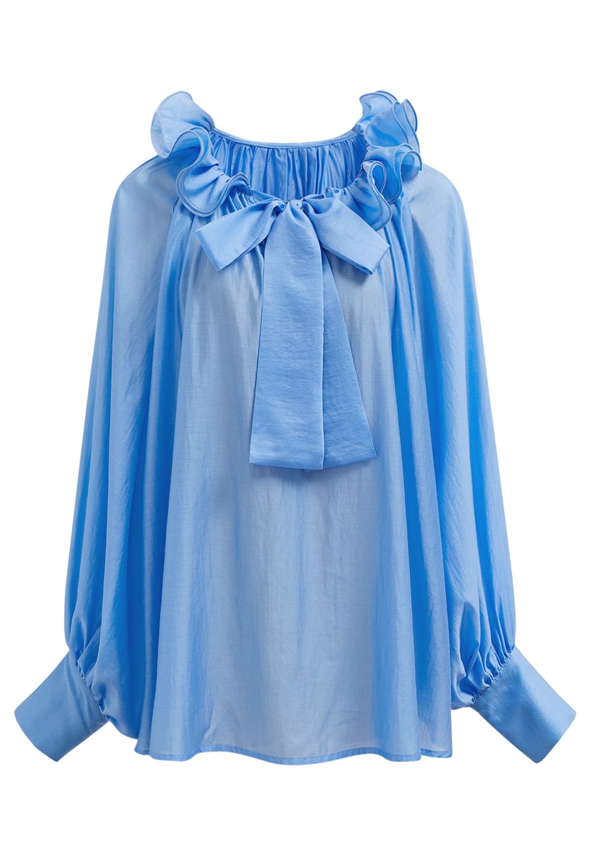 Tiered Ruffle Neckline Bowknot Lantern Sleeves Dolly Top in Blue