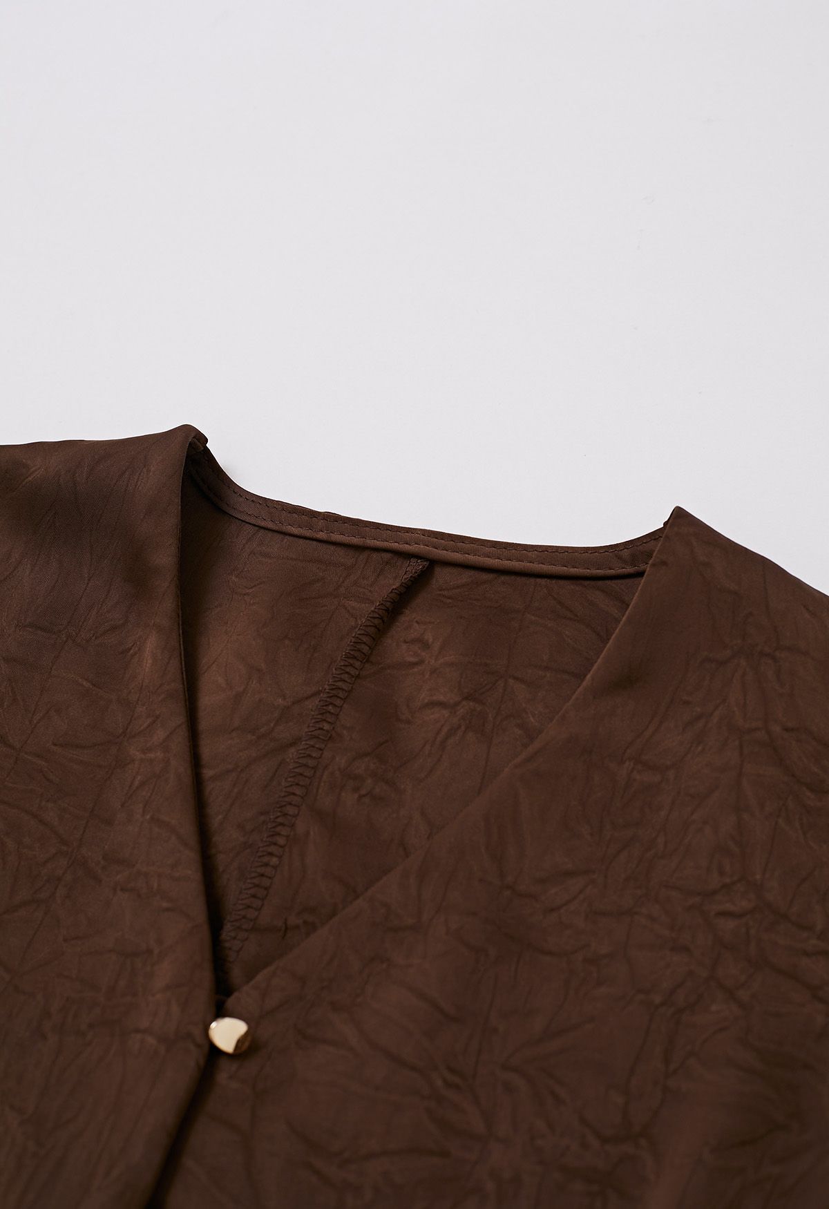 Tie Waist Button Front Texture Top in Brown
