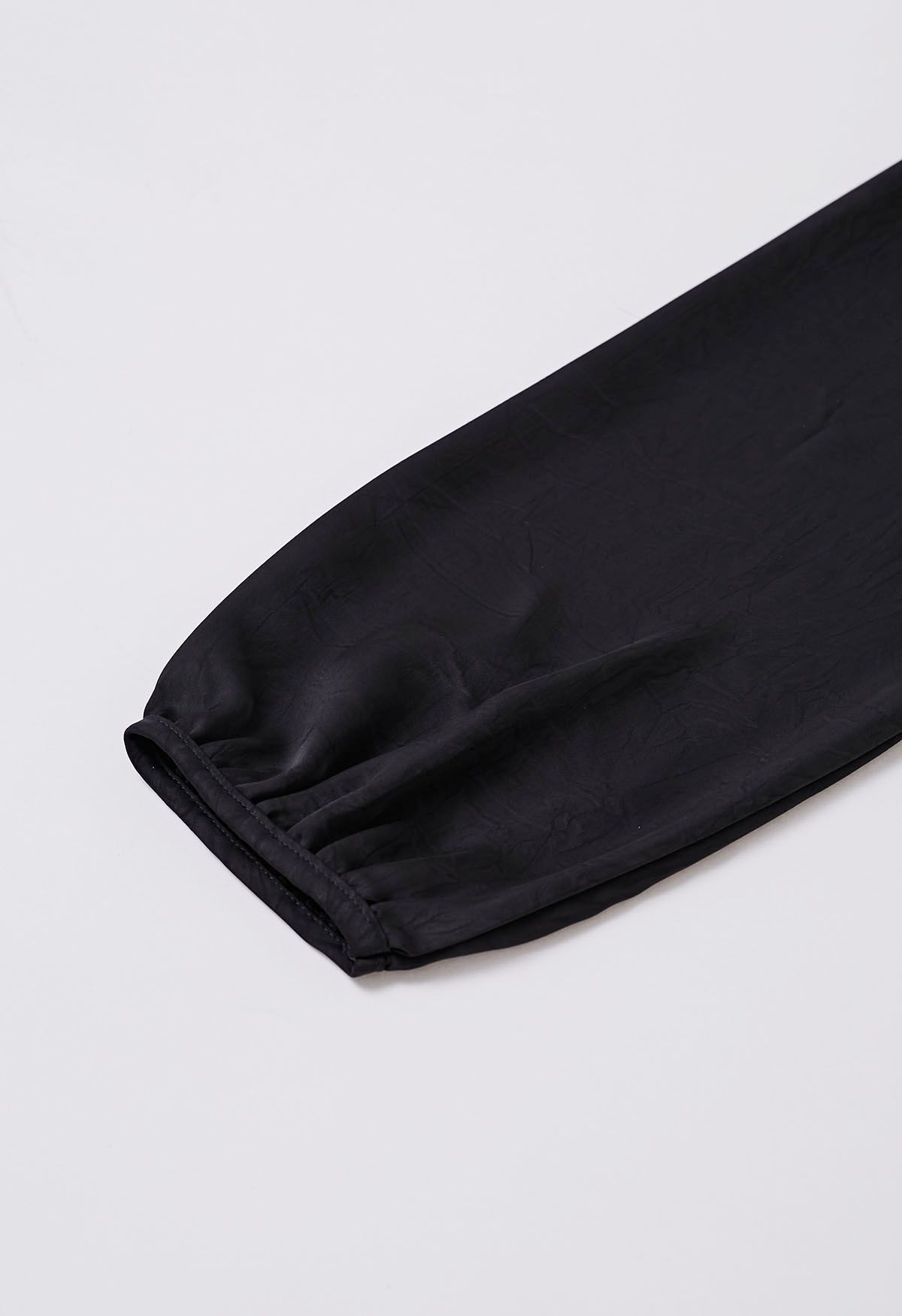 Tie Waist Bubble Sleeve Texture Top in Black
