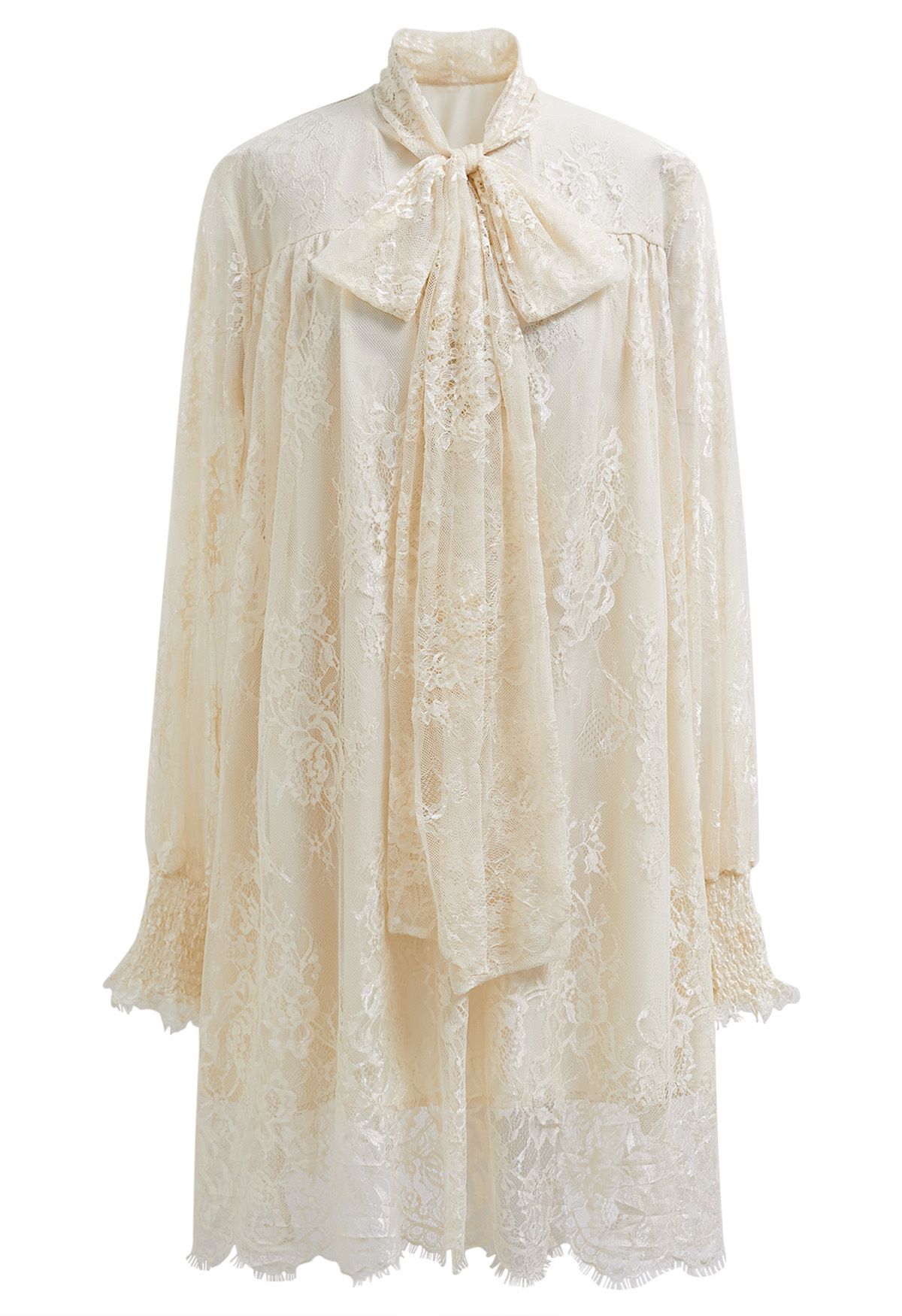 Self-Tie Bowknot Floral Lace Buttoned Dolly Dress in Cream