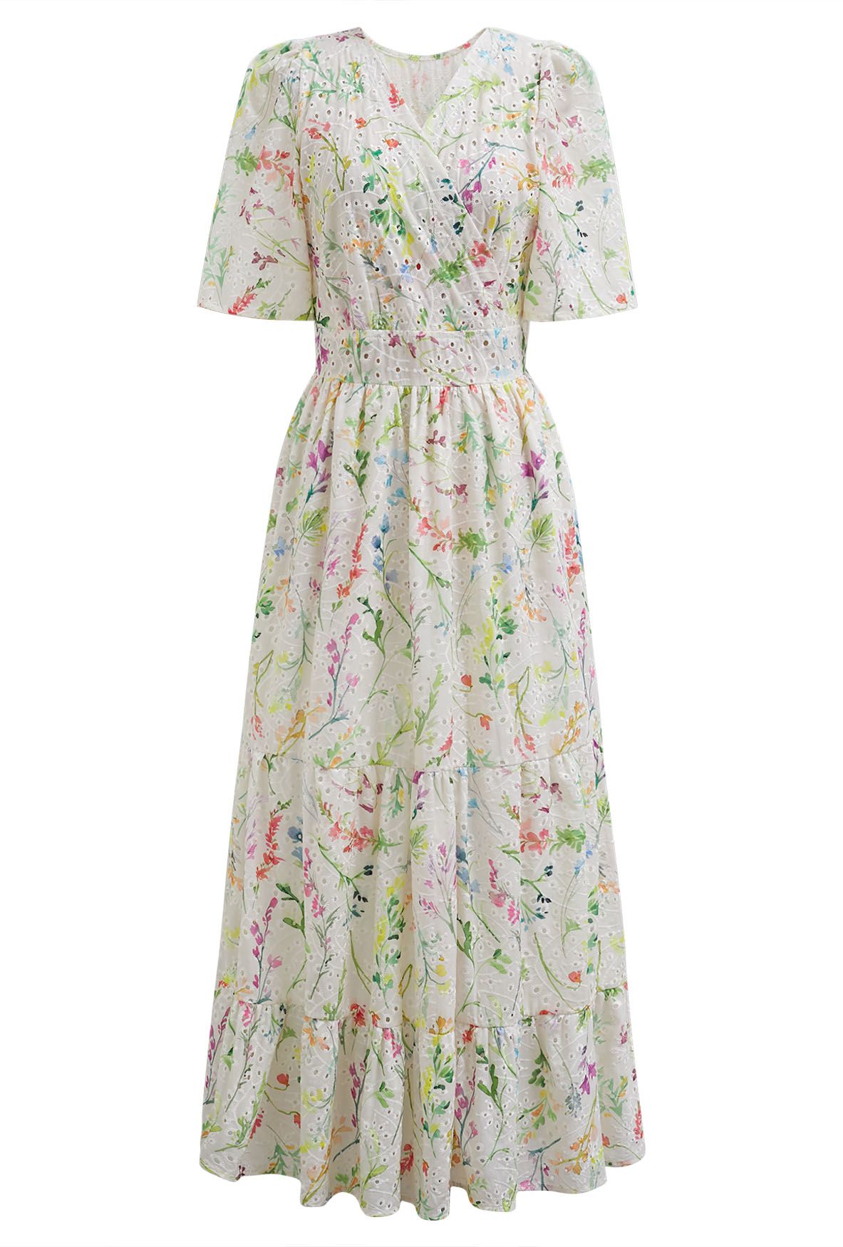 Watercolor Wild Flowers Printed Eyelet Embroidered Faux-Wrap Dress