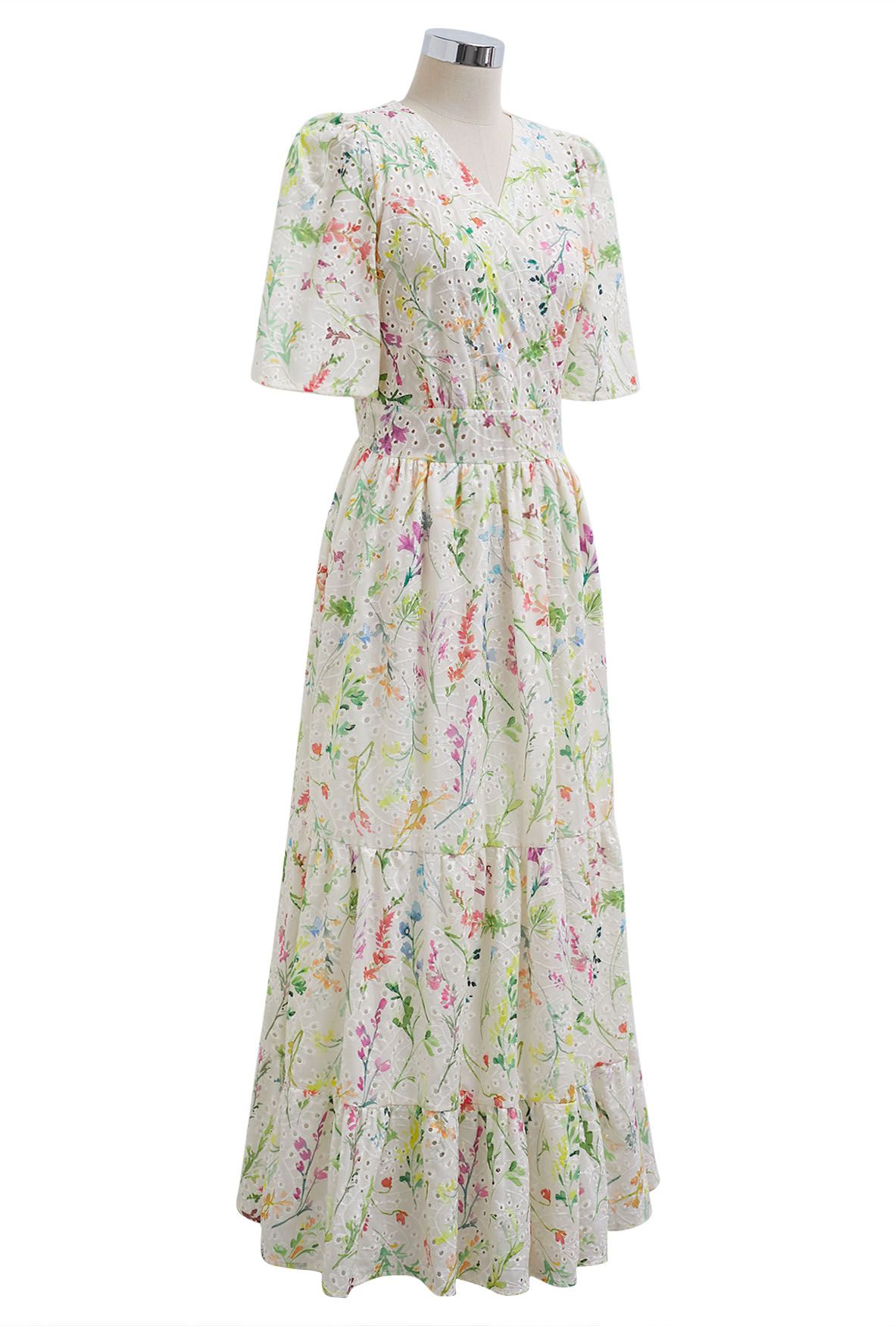 Watercolor Wild Flowers Printed Eyelet Embroidered Faux-Wrap Dress