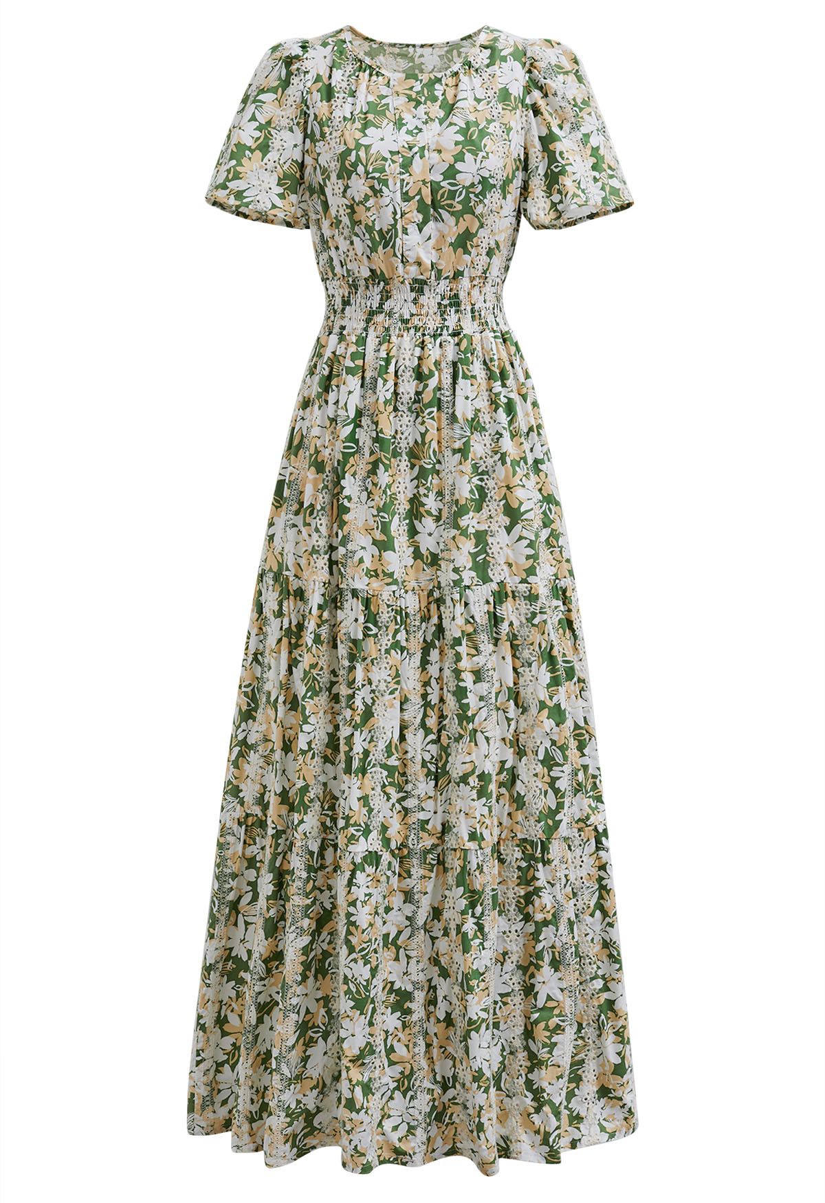 Ebullient Flower Printed Eyelet Embroidered Maxi Dress