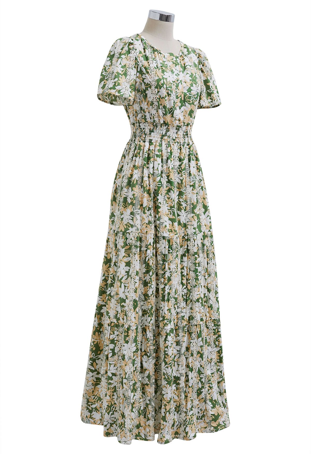 Ebullient Flower Printed Eyelet Embroidered Maxi Dress