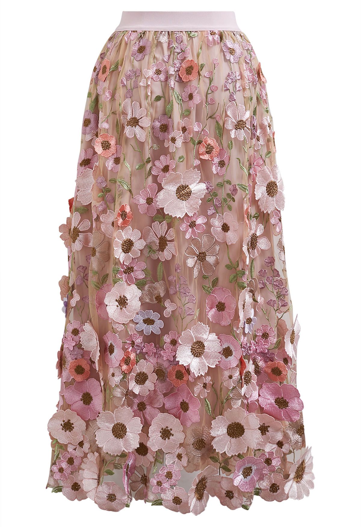 3D Floral Applique Mesh Tulle Maxi Skirt in Dusty Pink