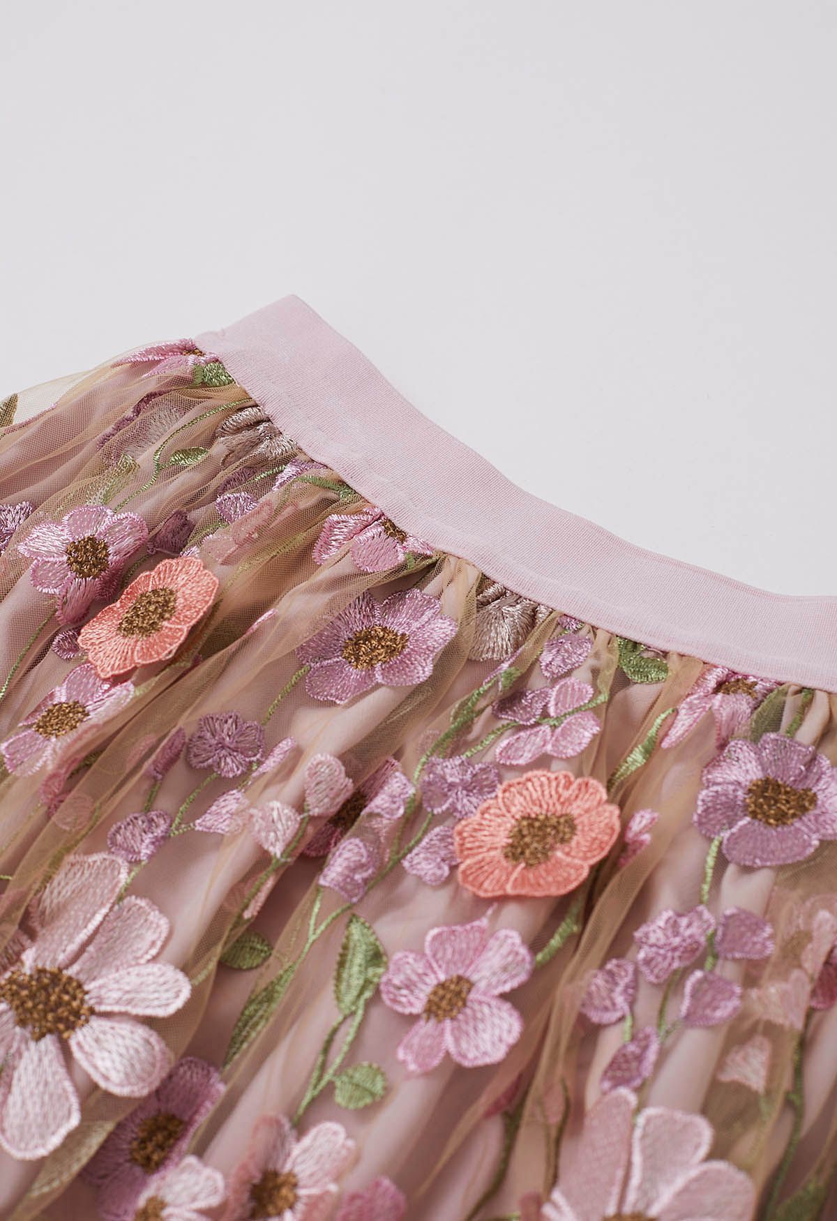 3D Floral Applique Mesh Tulle Maxi Skirt in Dusty Pink