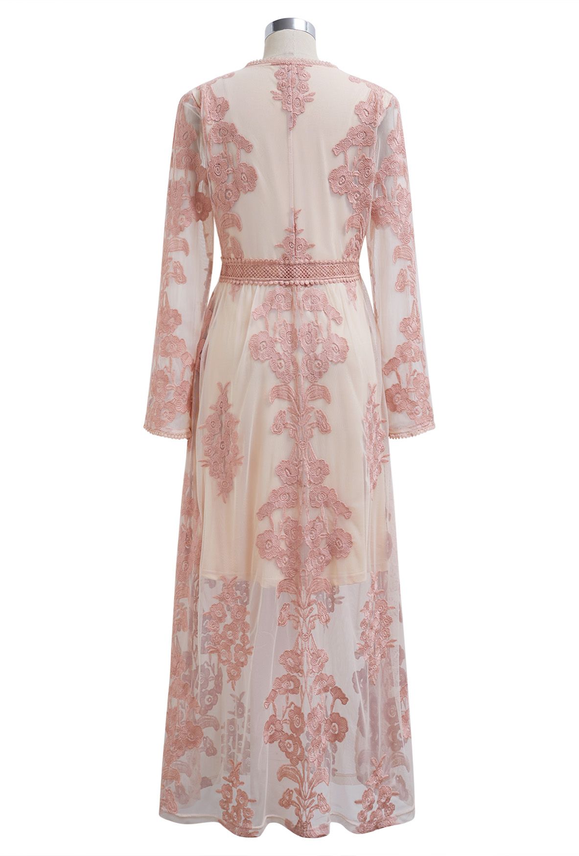 V-Neck Floral Embroidered Mesh Maxi Dress in Pink