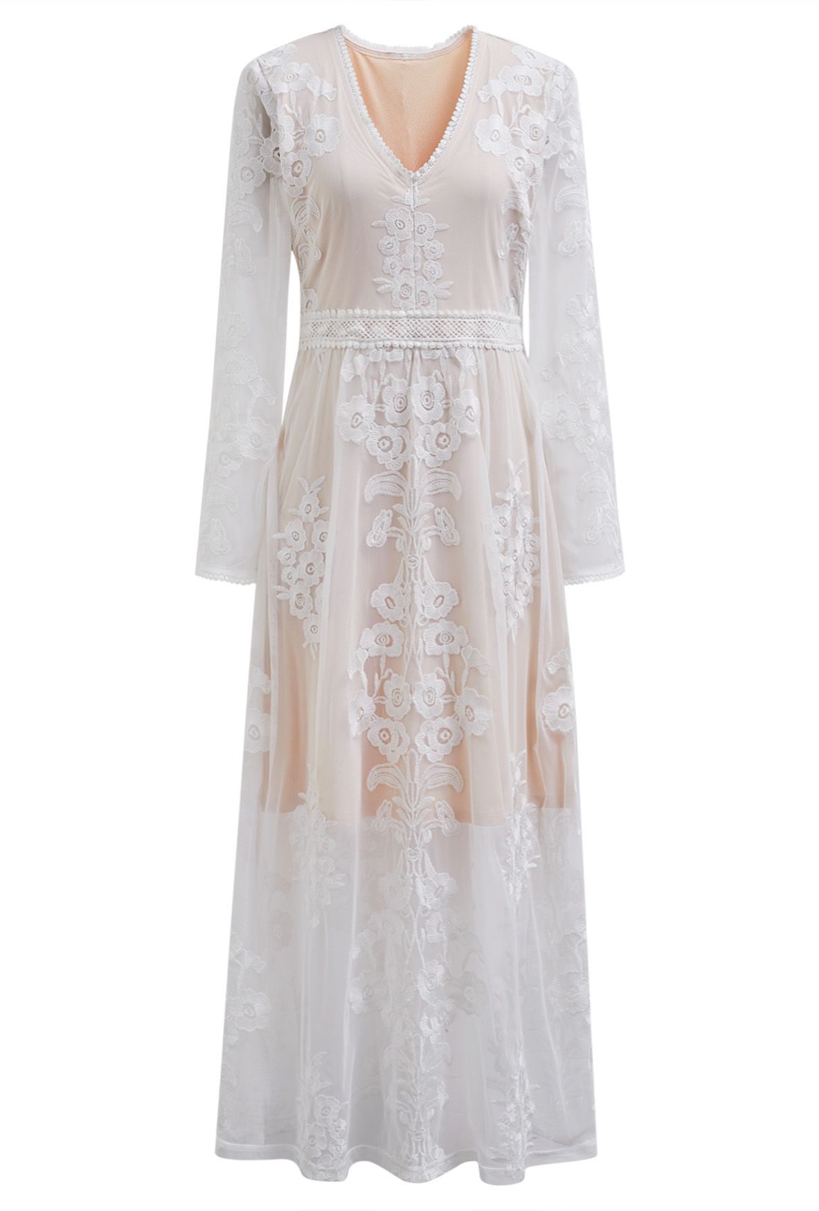 V-Neck Floral Embroidered Mesh Maxi Dress in White