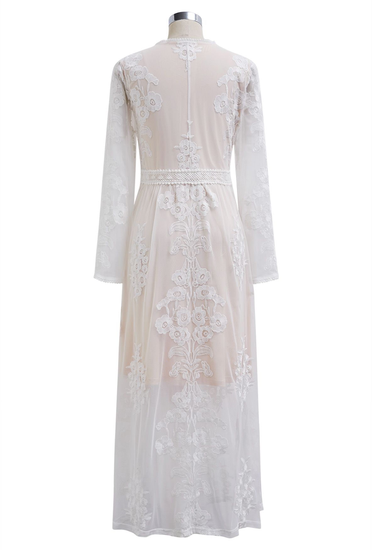 V-Neck Floral Embroidered Mesh Maxi Dress in White