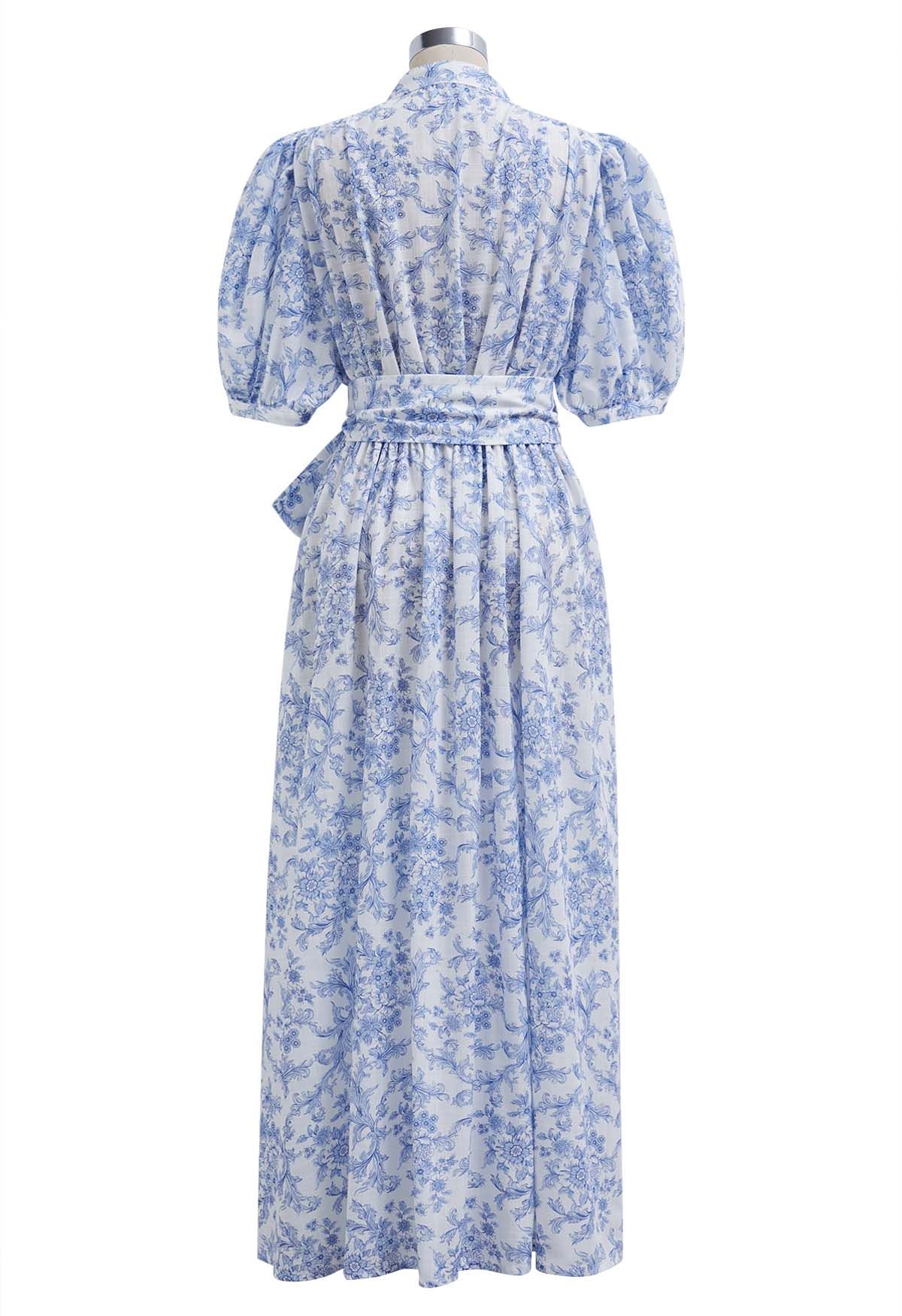 Floral Vine Printed Bubble Sleeve Buttoned Cotton Dress in Light Blue