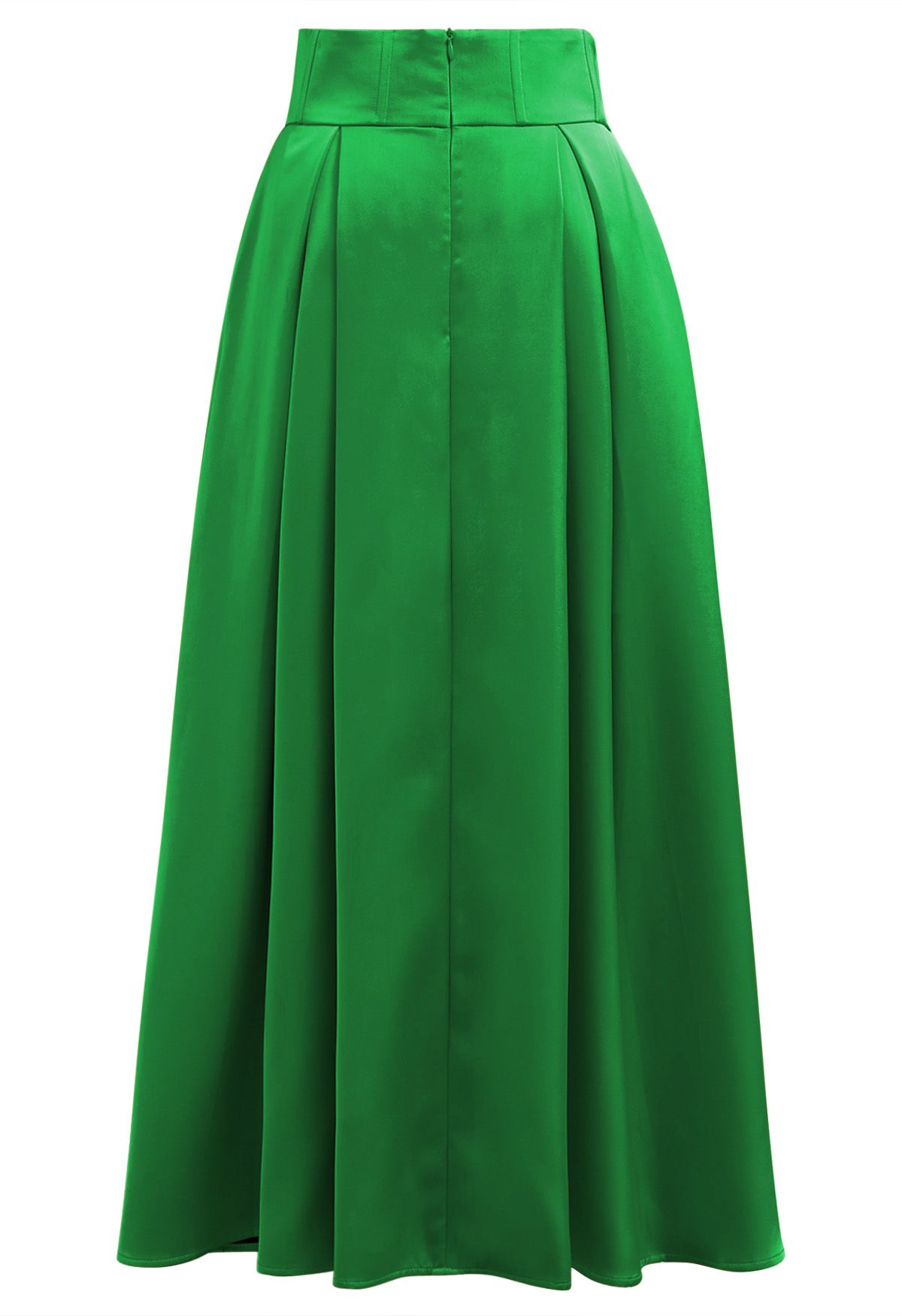 High-Slit Seamed Waist Pleated Satin Maxi Skirt in Green