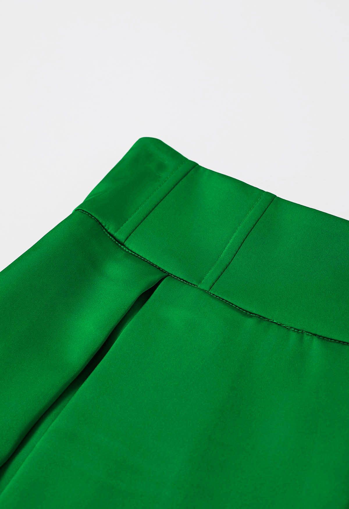 High-Slit Seamed Waist Pleated Satin Maxi Skirt in Green