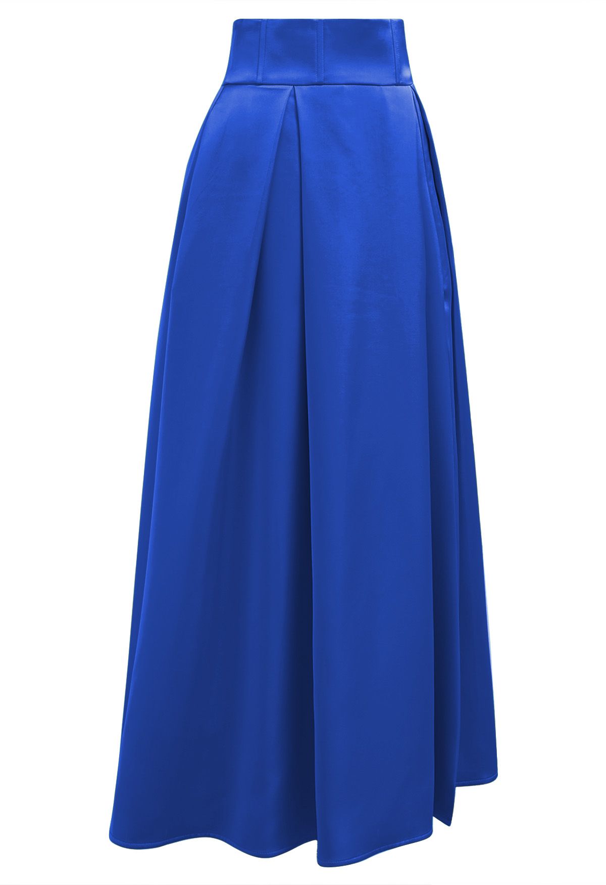 High-Slit Seamed Waist Pleated Satin Maxi Skirt in Indigo