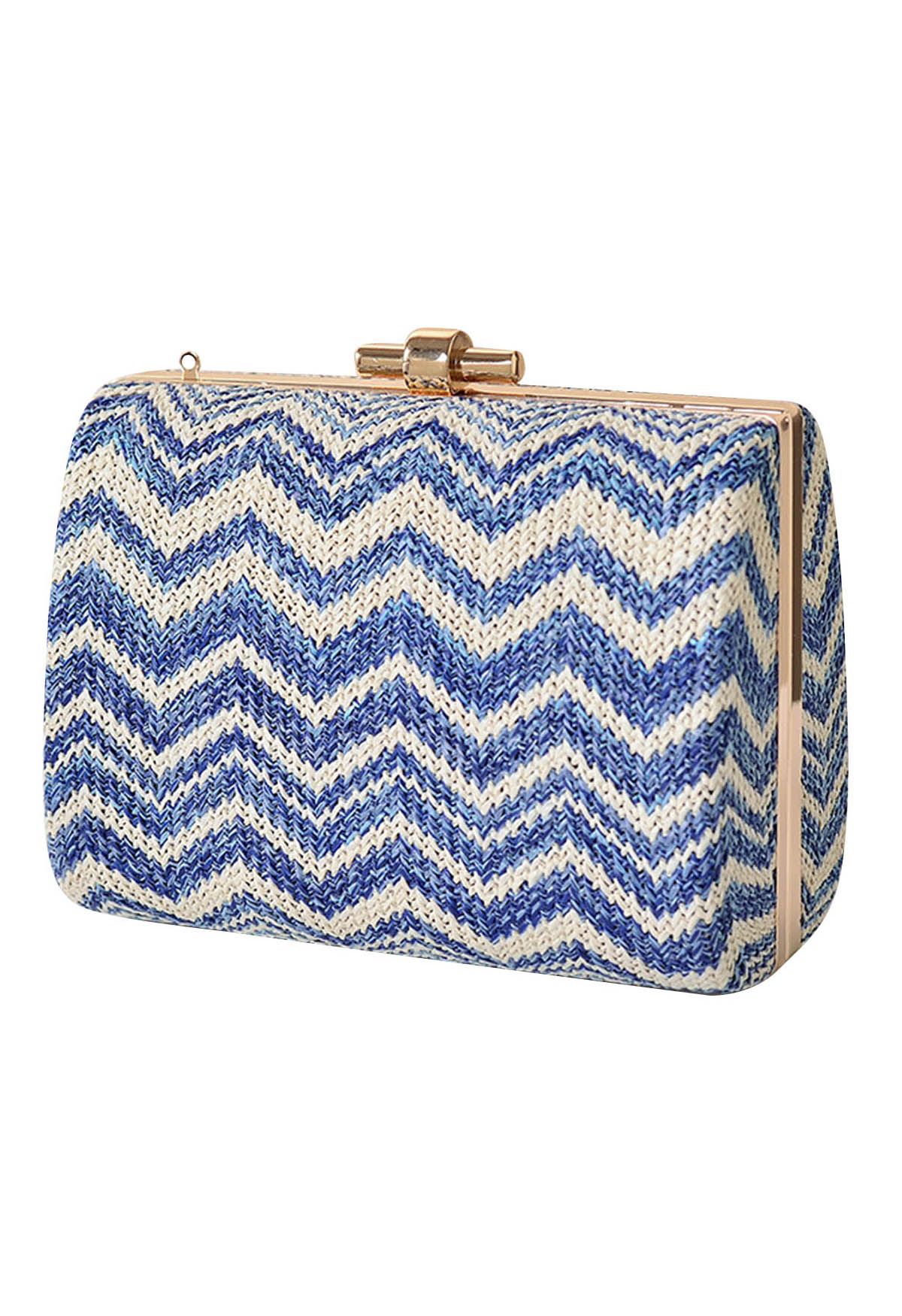 Wavy Line Color Block Woven Handbag in Blue