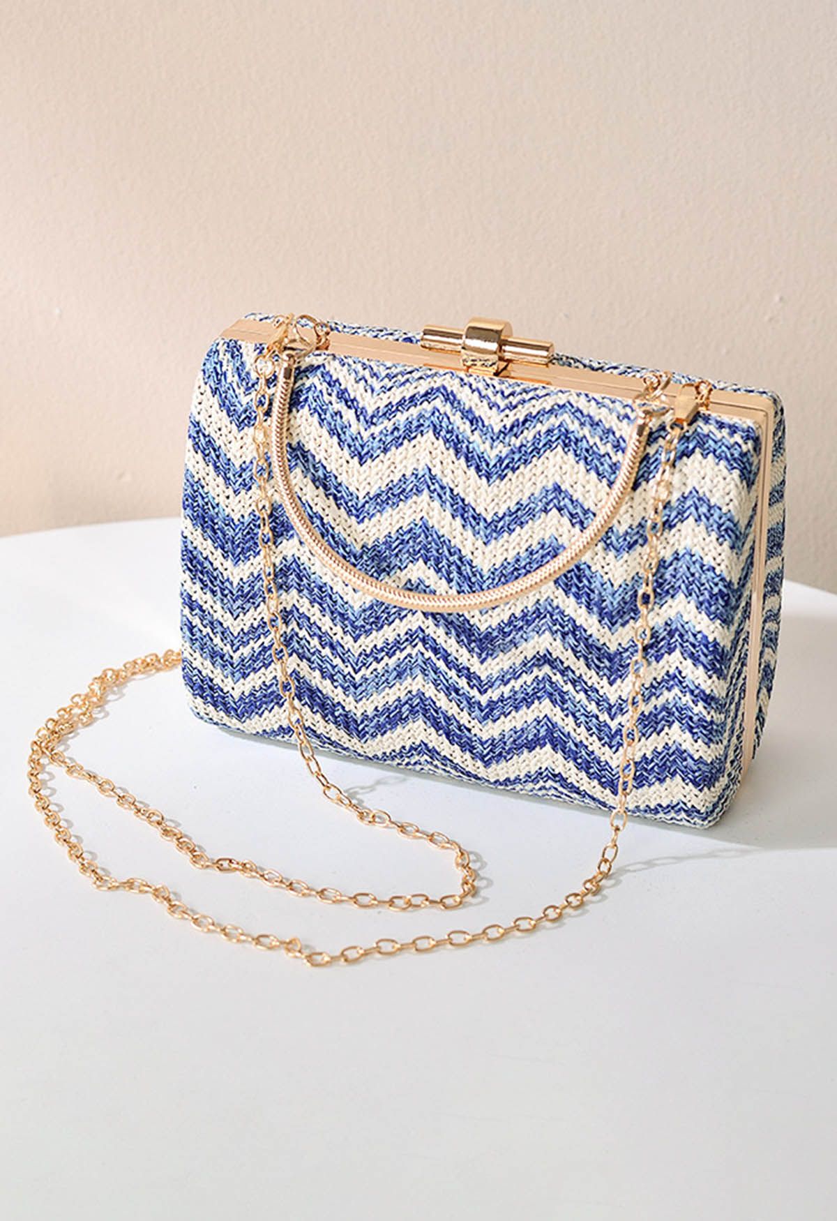 Wavy Line Color Block Woven Handbag in Blue