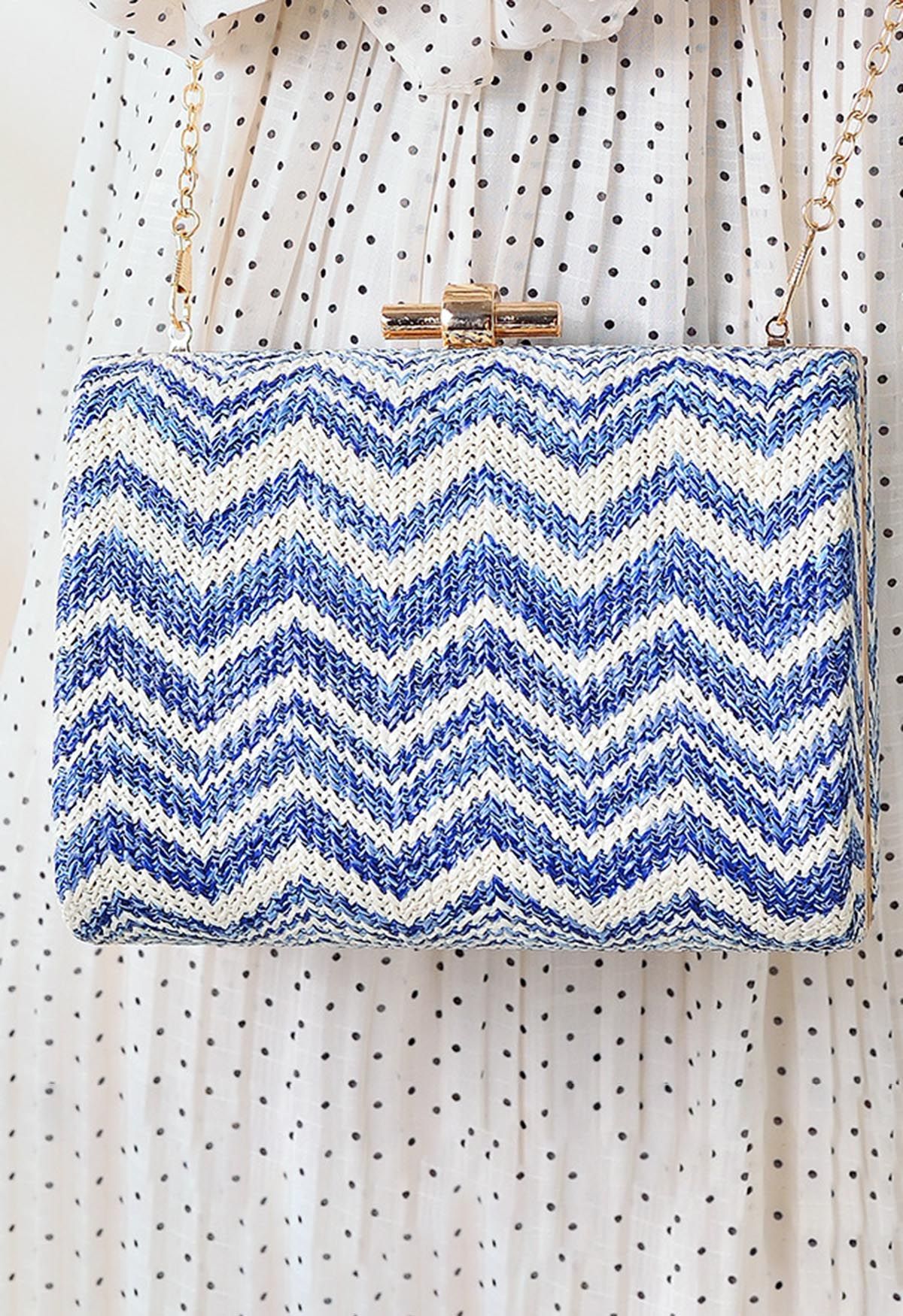 Wavy Line Color Block Woven Handbag in Blue