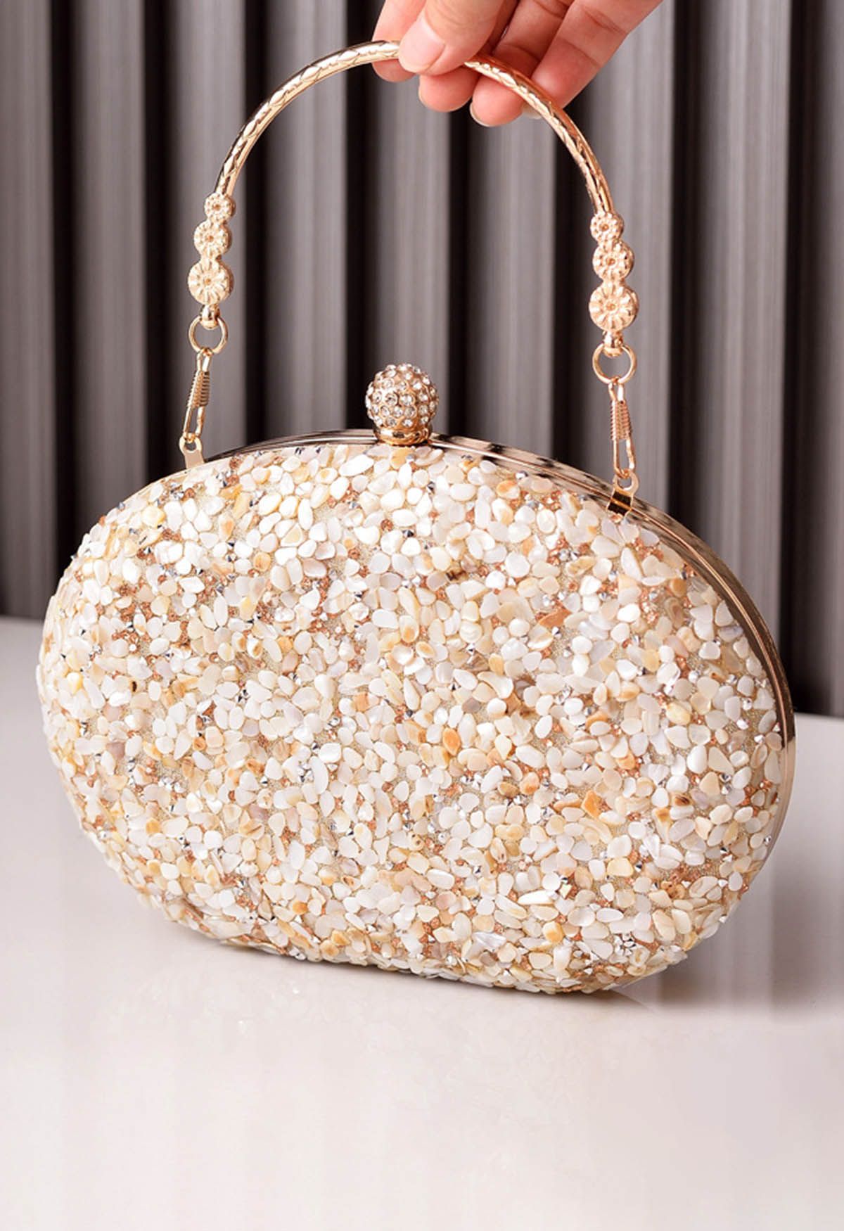 Full Beaded Rhinestone Oval Clutch in Cream