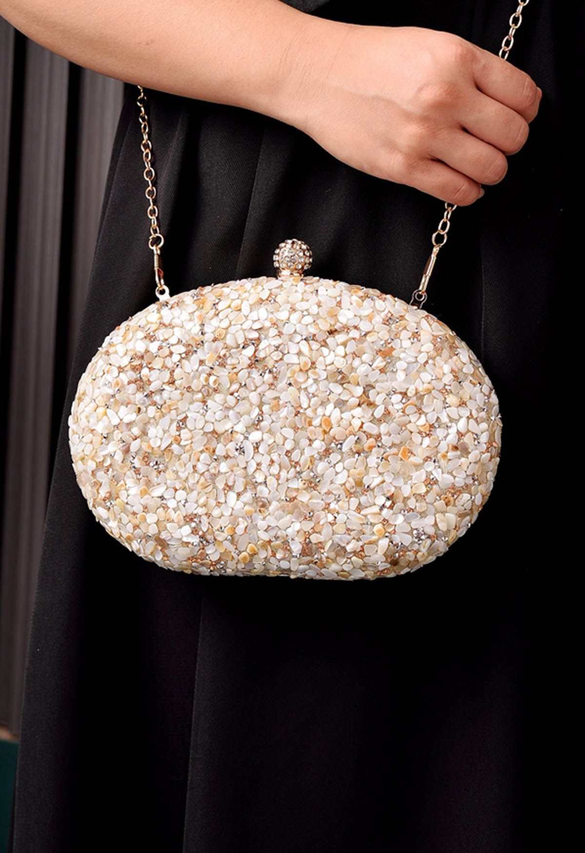 Full Beaded Rhinestone Oval Clutch in Cream