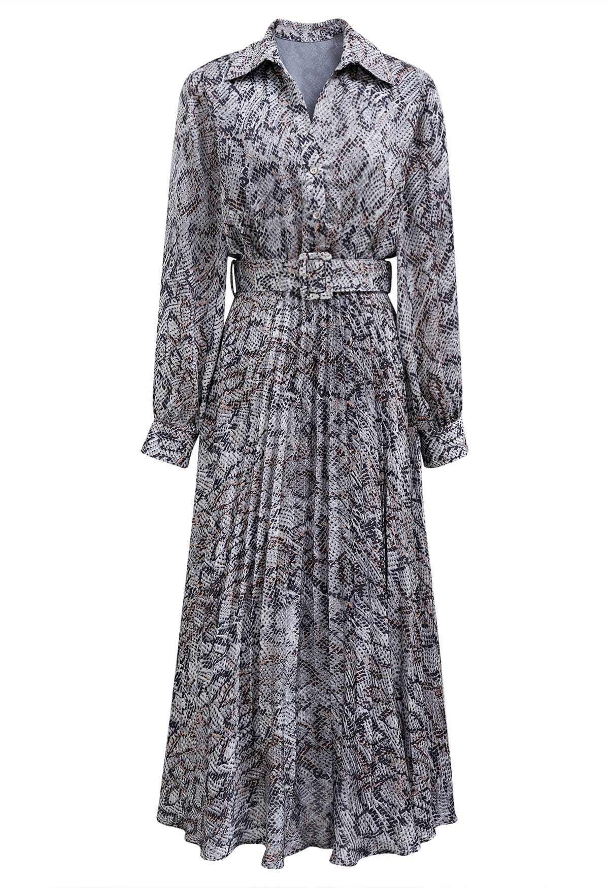 Snake Print V-Neck Belted Dress