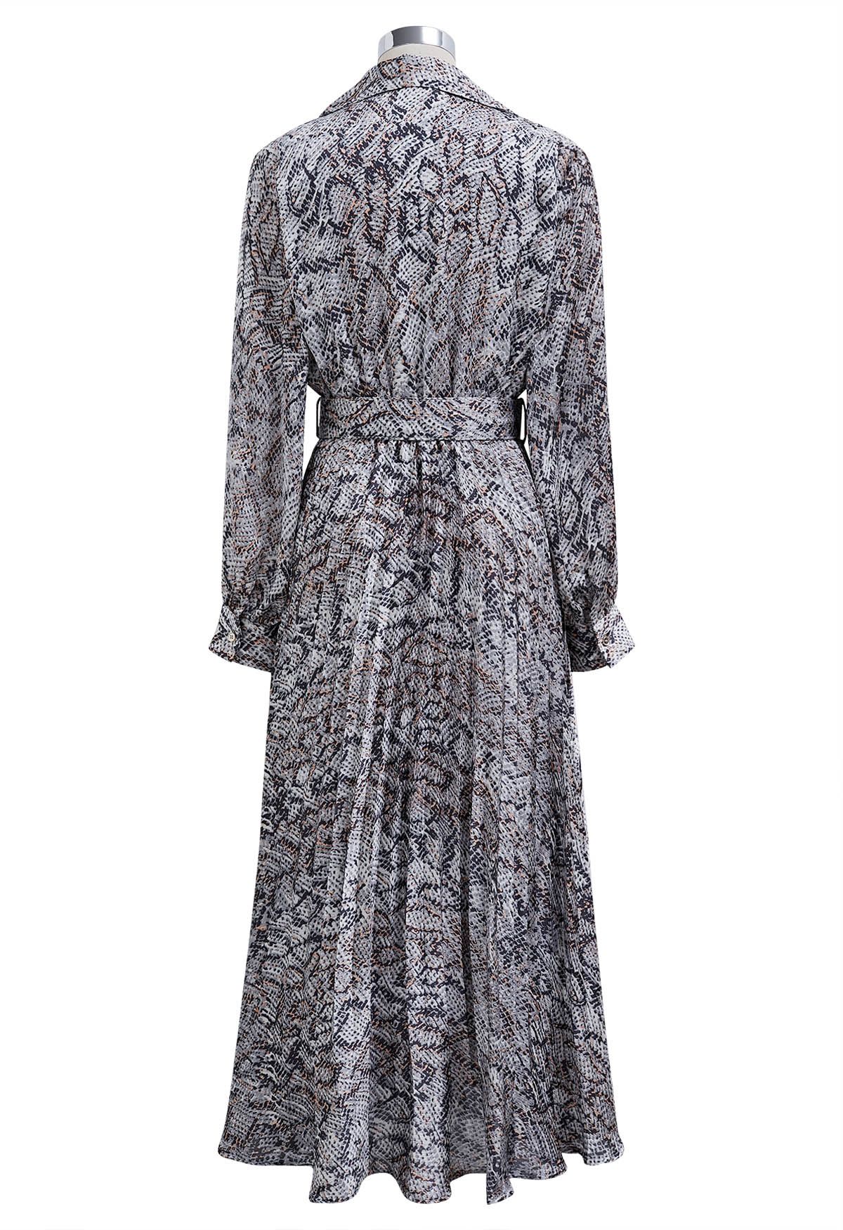 Snake Print V-Neck Belted Dress