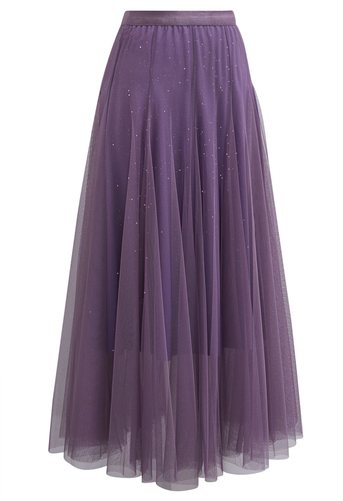 Venus Glitter Mesh Tulle Midi Skirt in Lavender