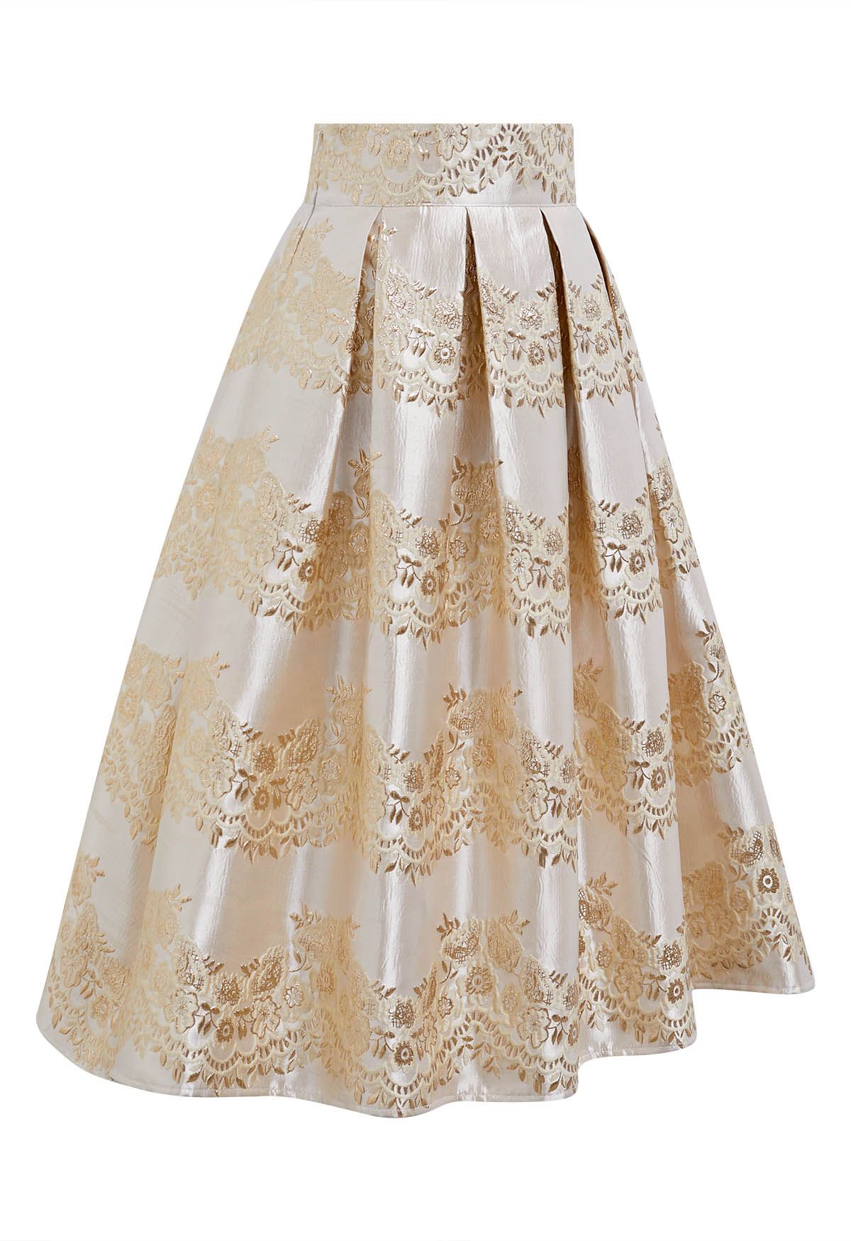 Magnificent Floral Jacquard Pleated Midi Skirt in Champagne