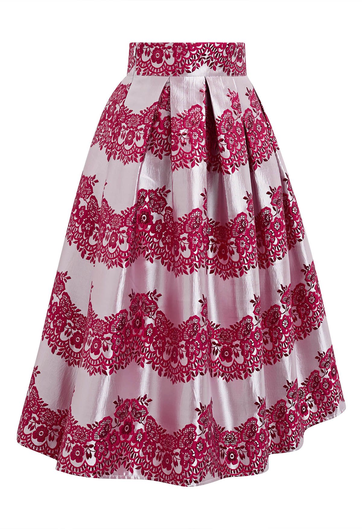 Magnificent Floral Jacquard Pleated Midi Skirt in Red