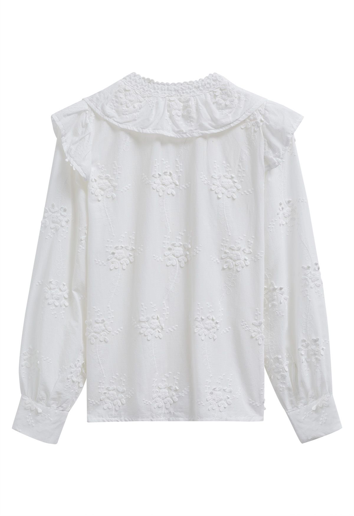 Floret Embroidery Ruffled Buttoned Top in White