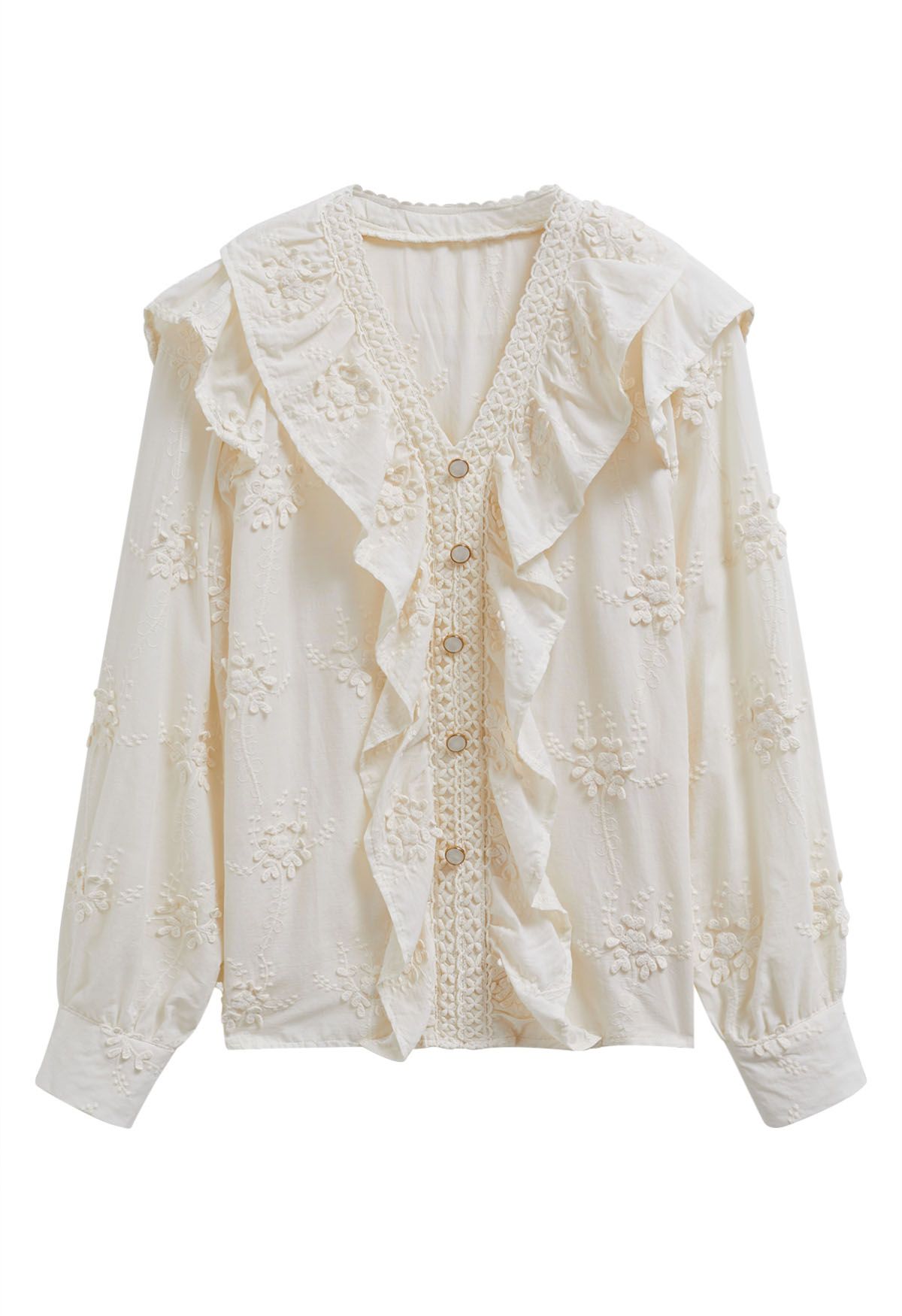 Floret Embroidery Ruffled Buttoned Top in Cream