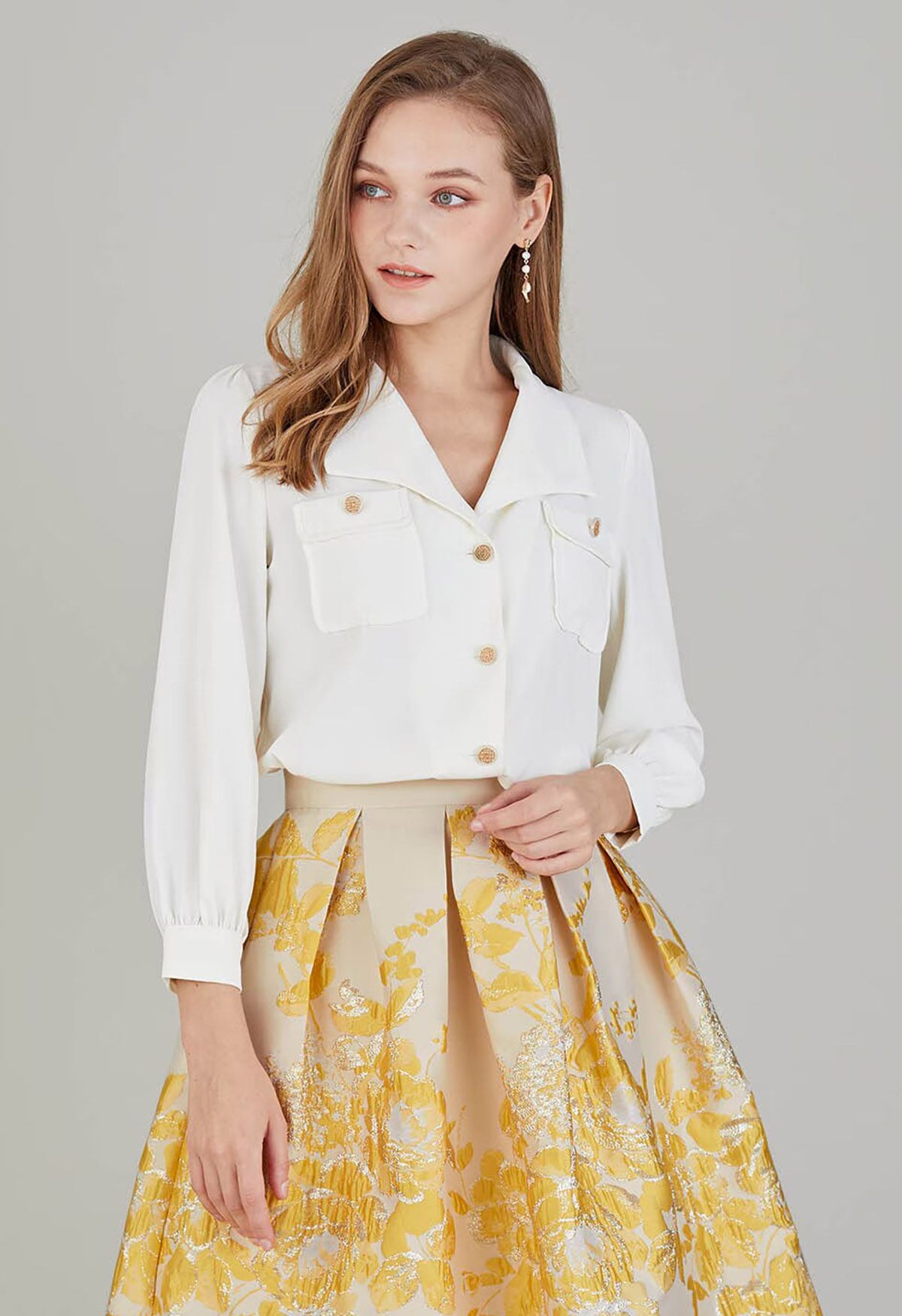 Pointed Collar Golden Button Shirt in Cream