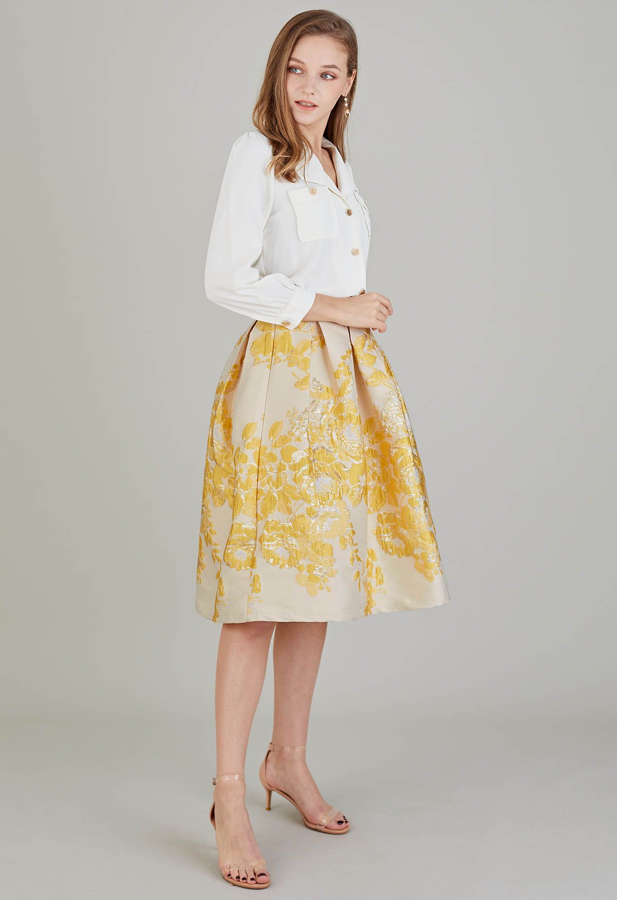 Ebullient Peony Jacquard Pleated Midi Skirt in Yellow