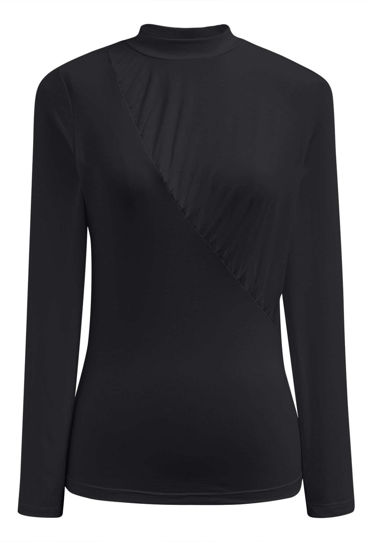 Ruched Accent Mock Neck Fitted Top in Black