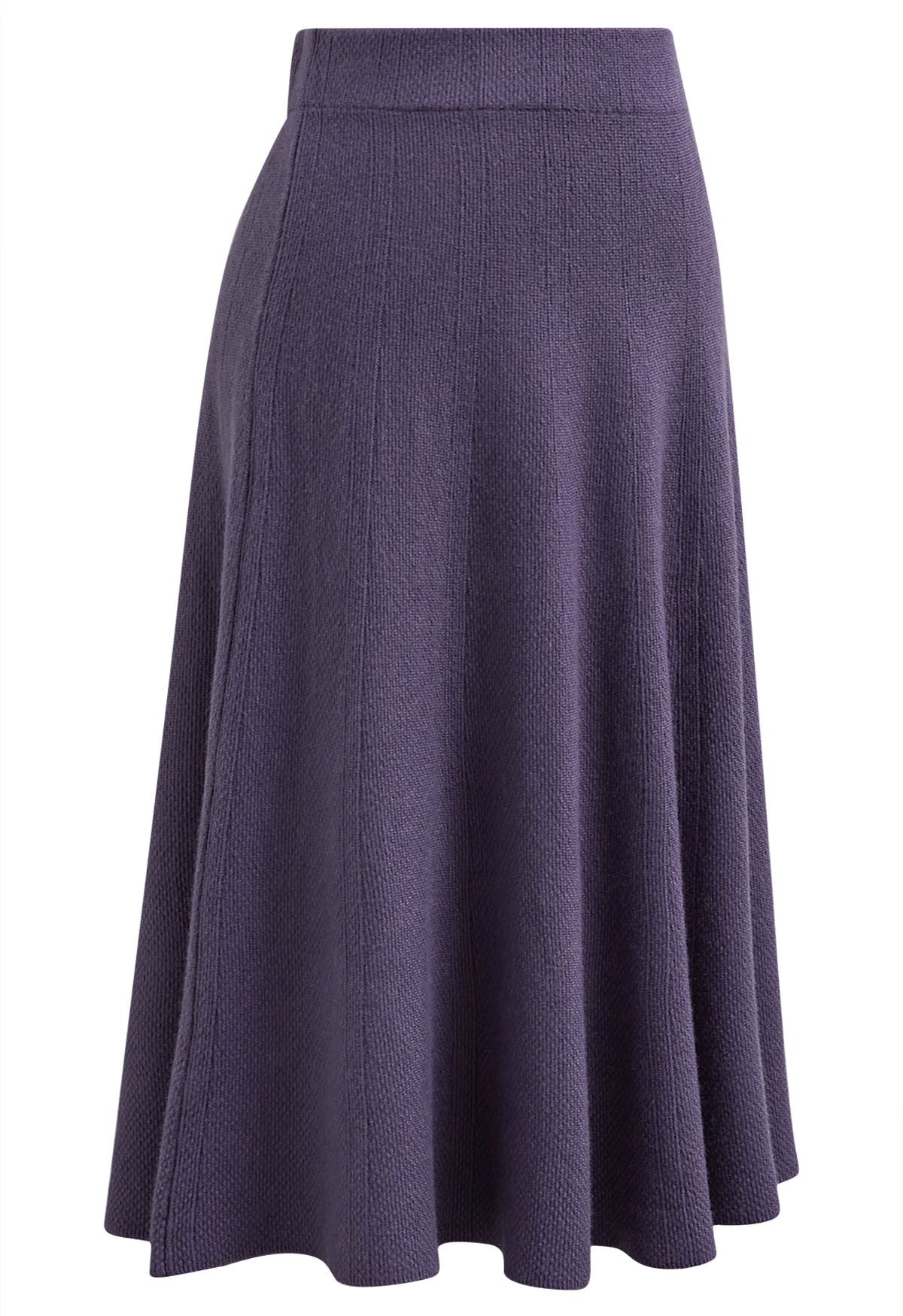 Textured Knit Flare Hem Knit Midi Skirt in Purple