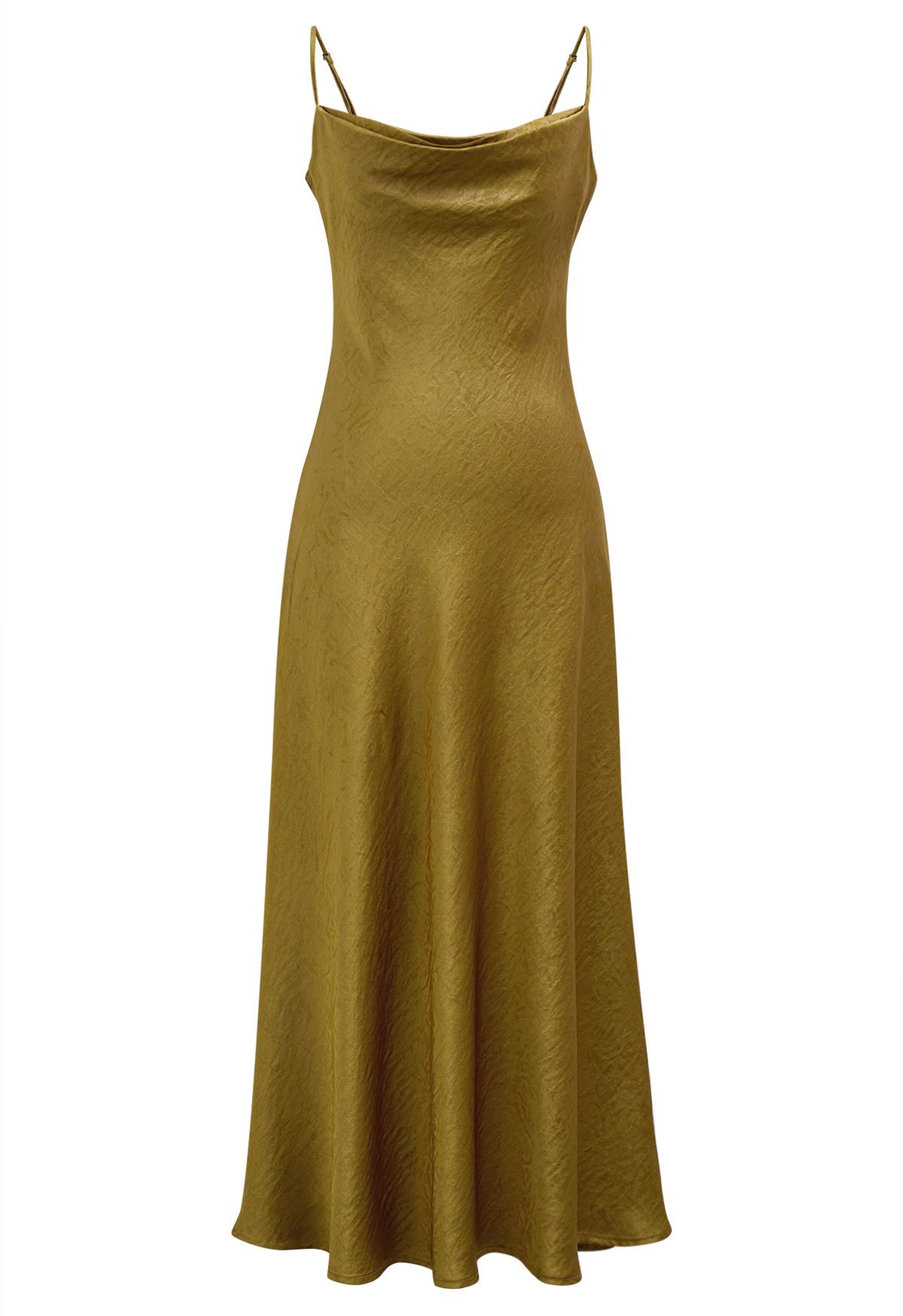 Texture Jacquard Drape Neck Satin Cami Dress in Mustard