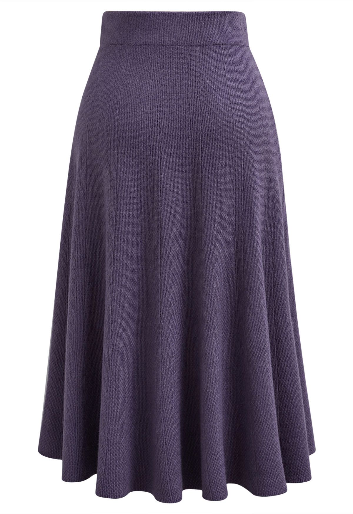 Textured Knit Flare Hem Knit Midi Skirt in Purple