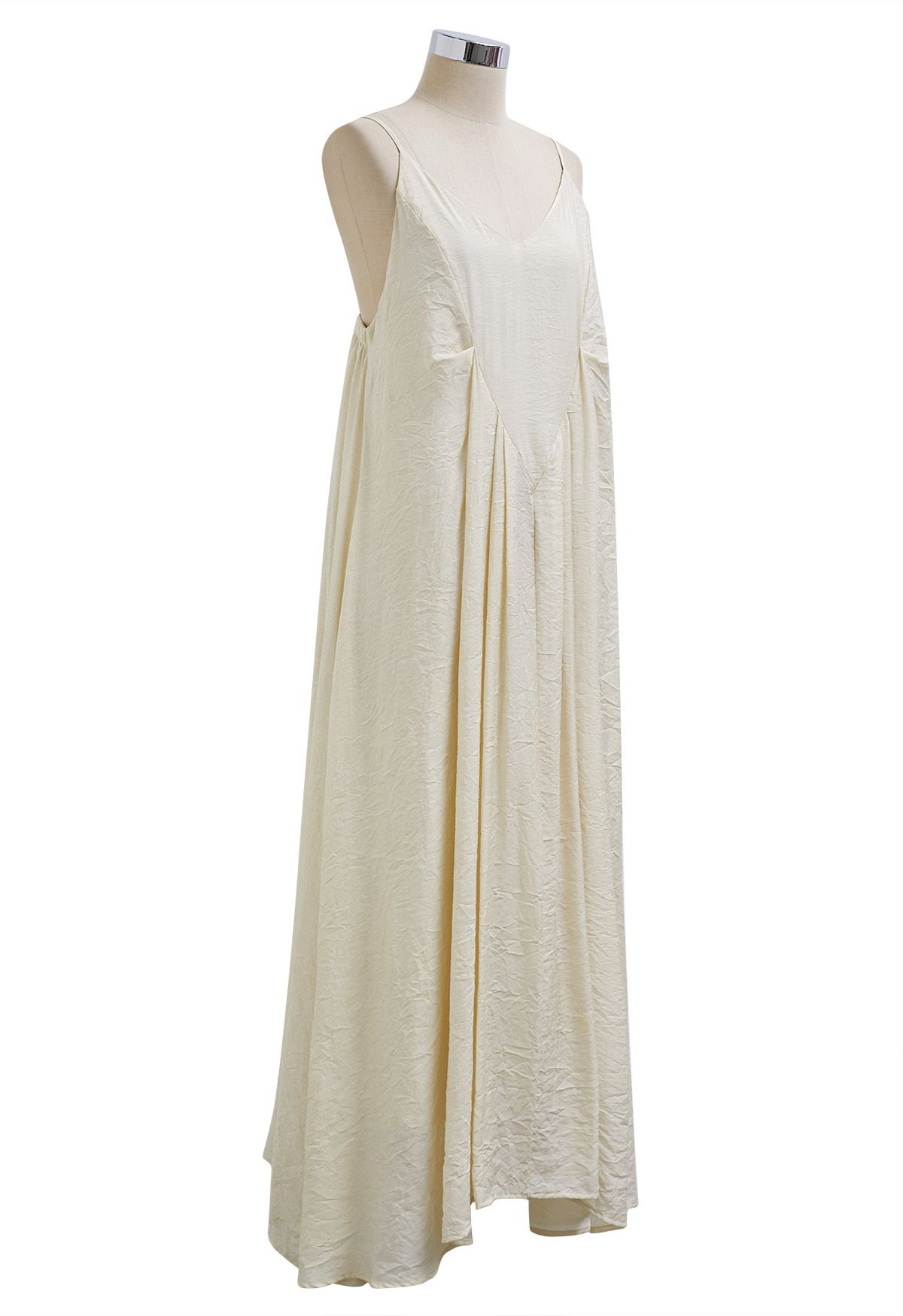 Texture V-Neck Frilling Hem Cami Midi Dress in Cream