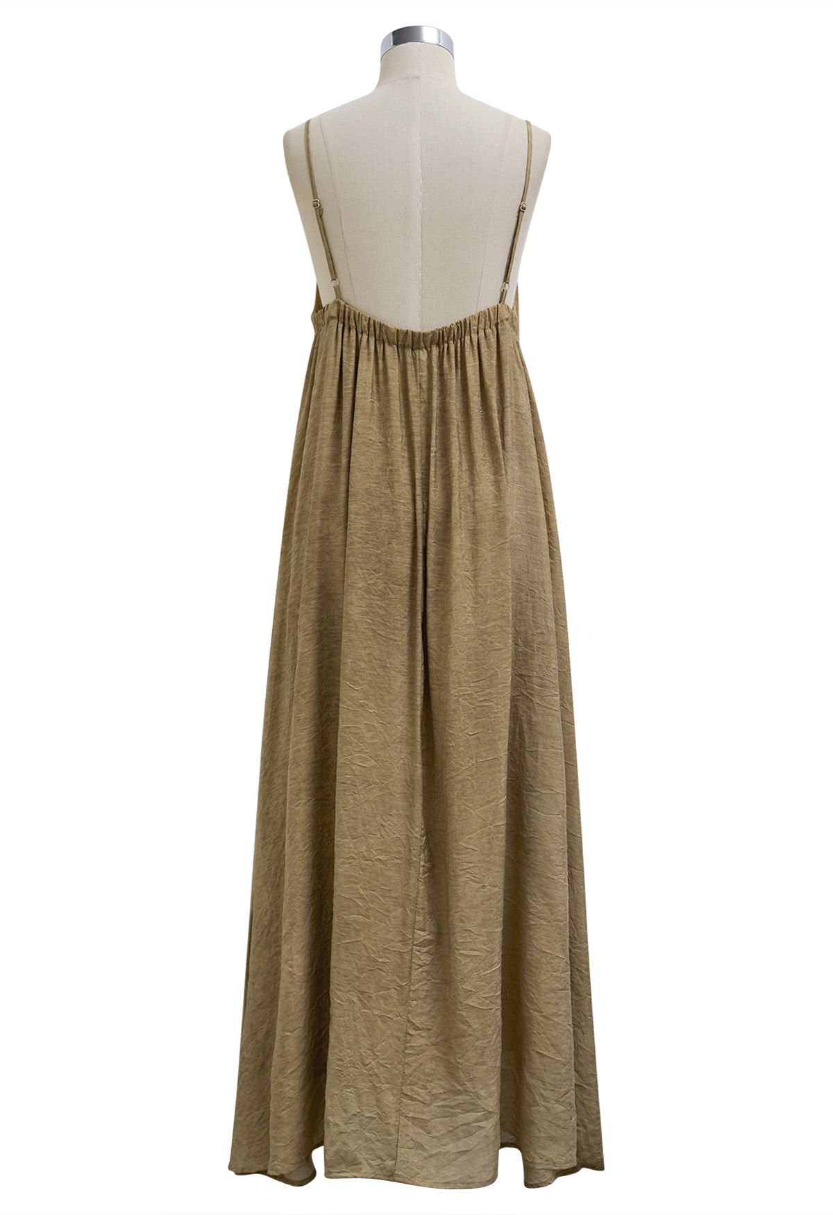 Texture V-Neck Frilling Hem Cami Midi Dress in Tan