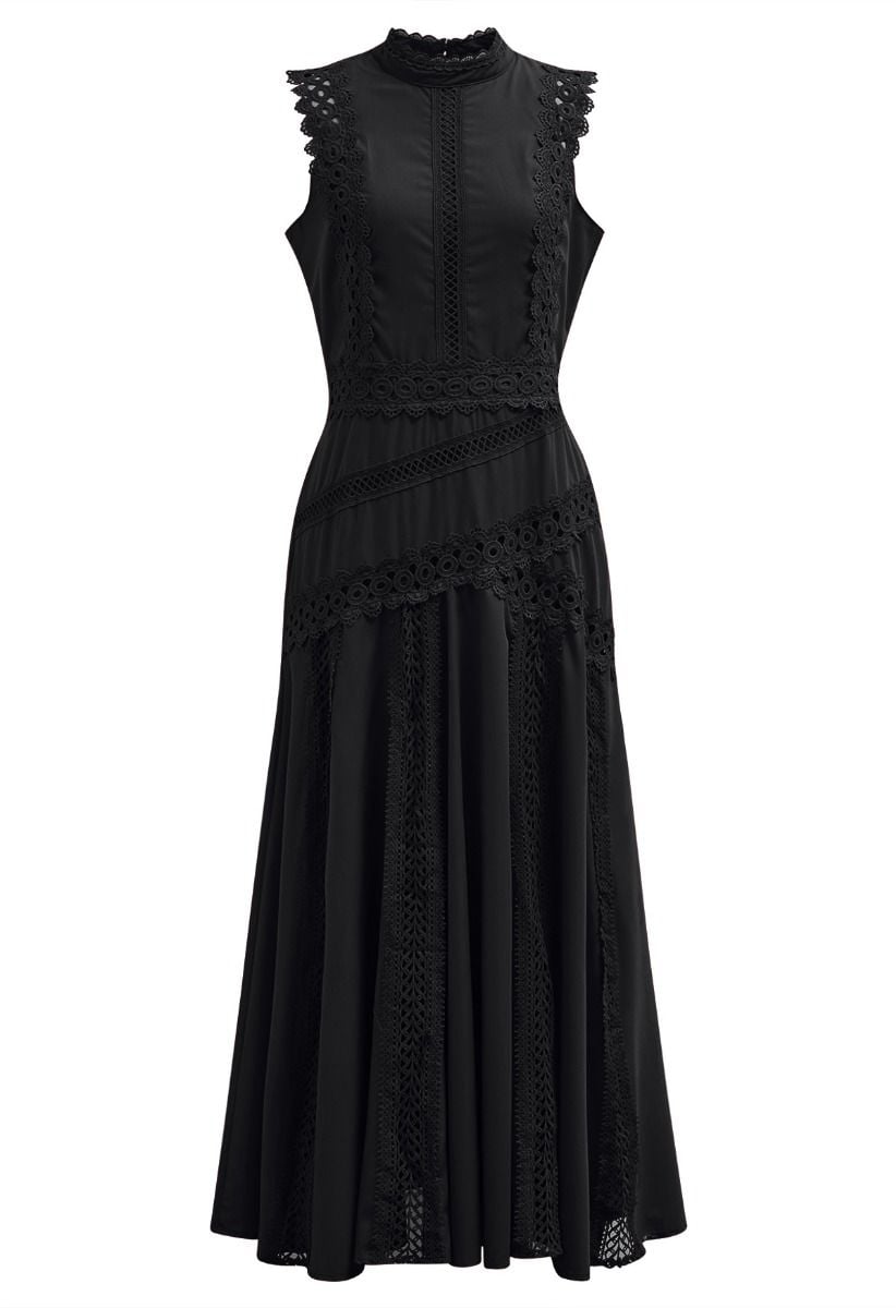 Dive into Elegance Lace Panelled Sleeveless Dress in Black