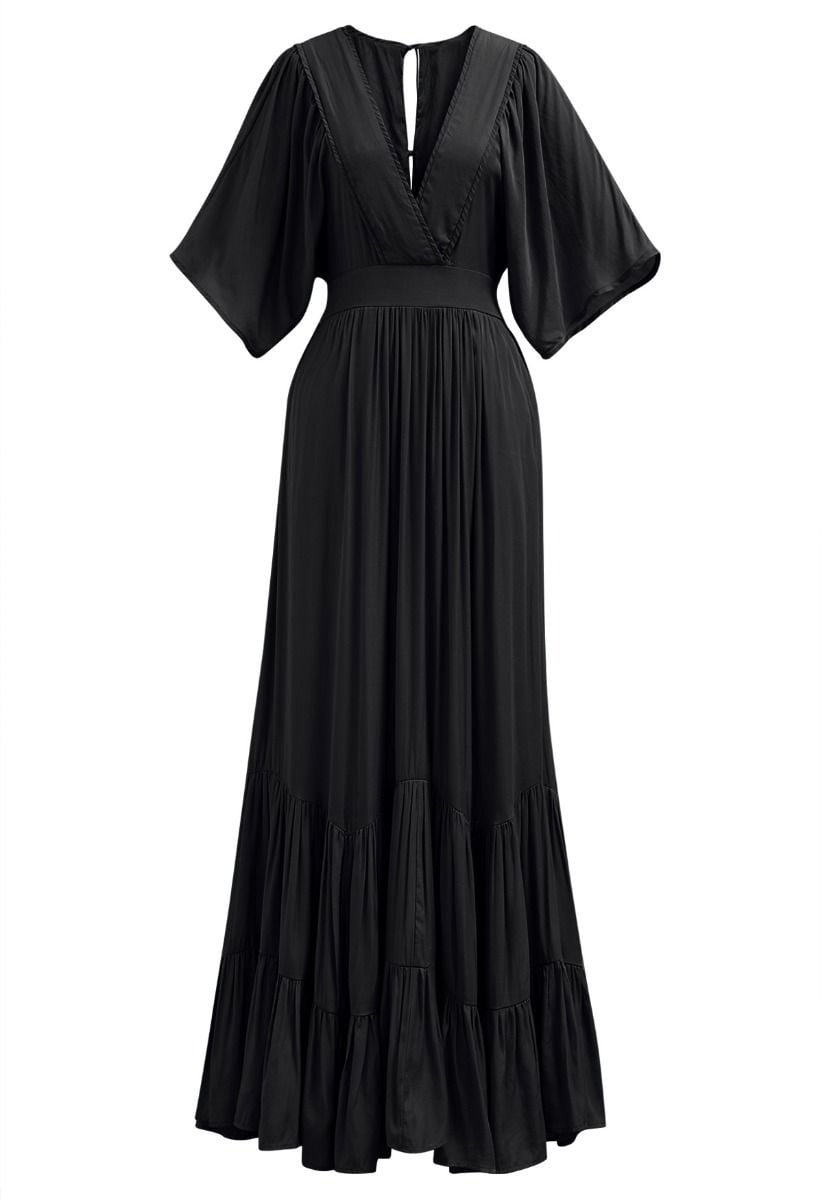 Subtle Romance Deep V-Neck Flutter Sleeve Maxi Dress in Black