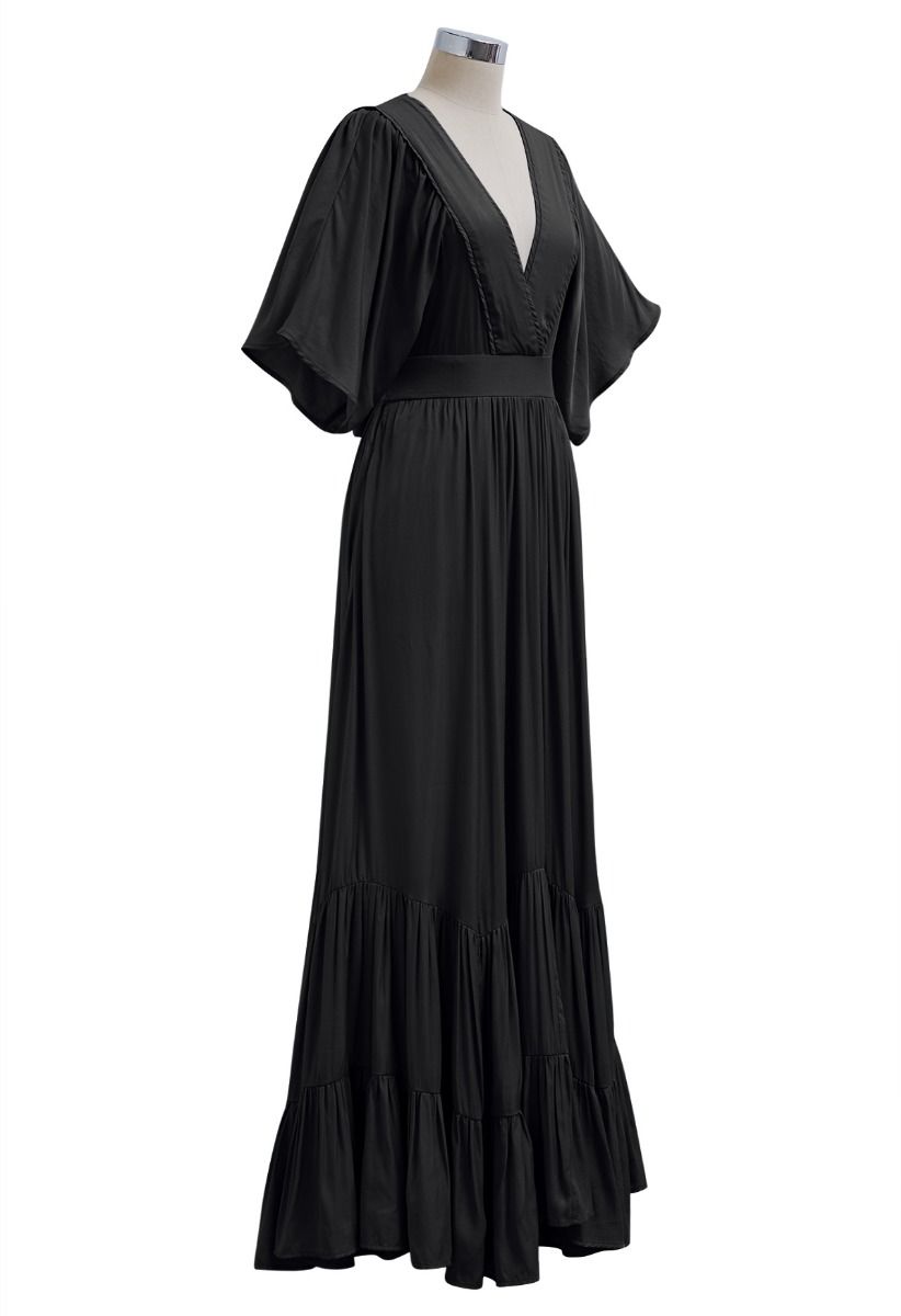 Subtle Romance Deep V-Neck Flutter Sleeve Maxi Dress in Black