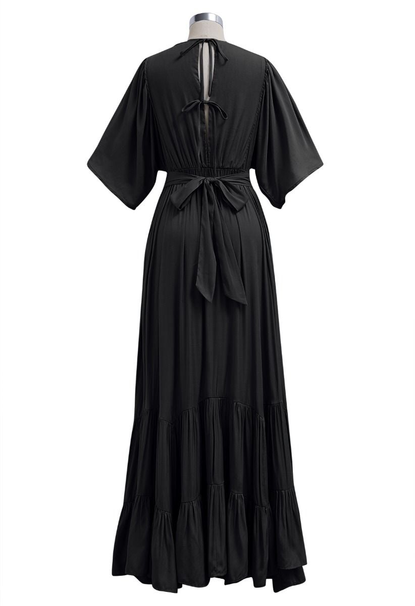 Subtle Romance Deep V-Neck Flutter Sleeve Maxi Dress in Black